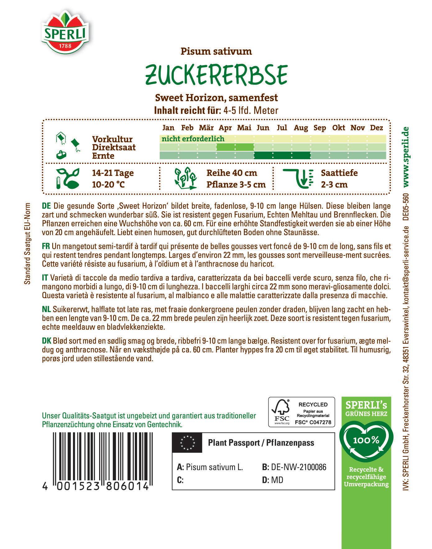 Packsheet für Zitronen, mit Text auf Deutsch, Französisch, Italienisch, Niederländisch und Dänisch, inklusive Barcode.