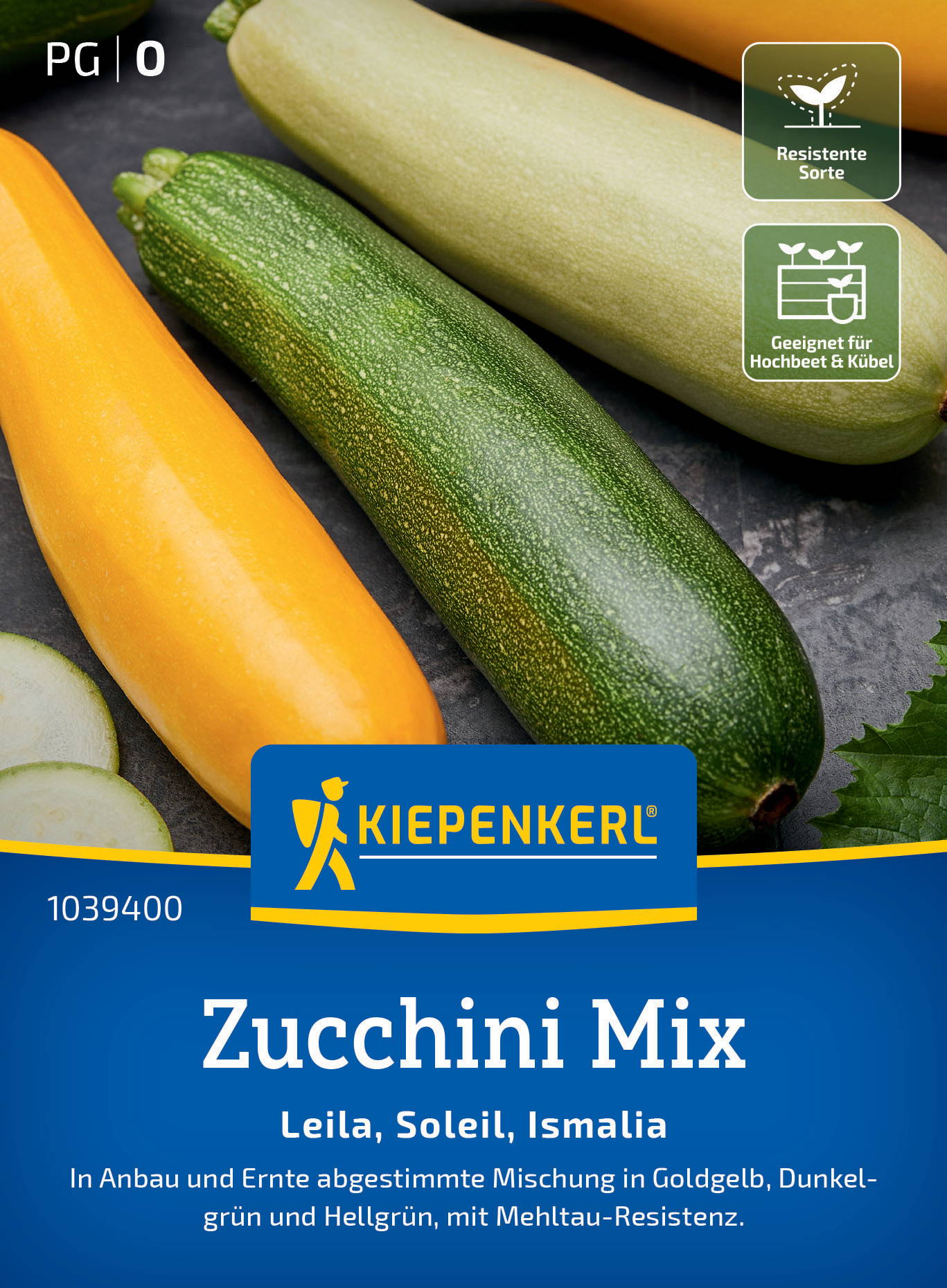 Vier Zucchini in gelb, grün, hellgrün, dunkelgrün auf schwarzem Hintergrund mit Labels.