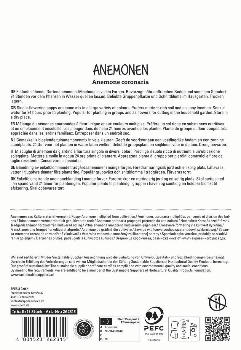Beschreibung der Anemone coronaria auf einer Produktverpackung mit mehreren Sprachtexten.
