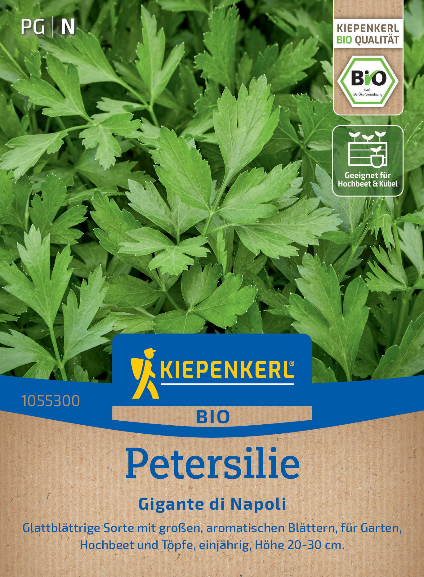 Grüne Petersiliepflanzen auf der Verpackung, mit Text und Symbolen für Bio-Qualität und geeignet für Hochbeet.