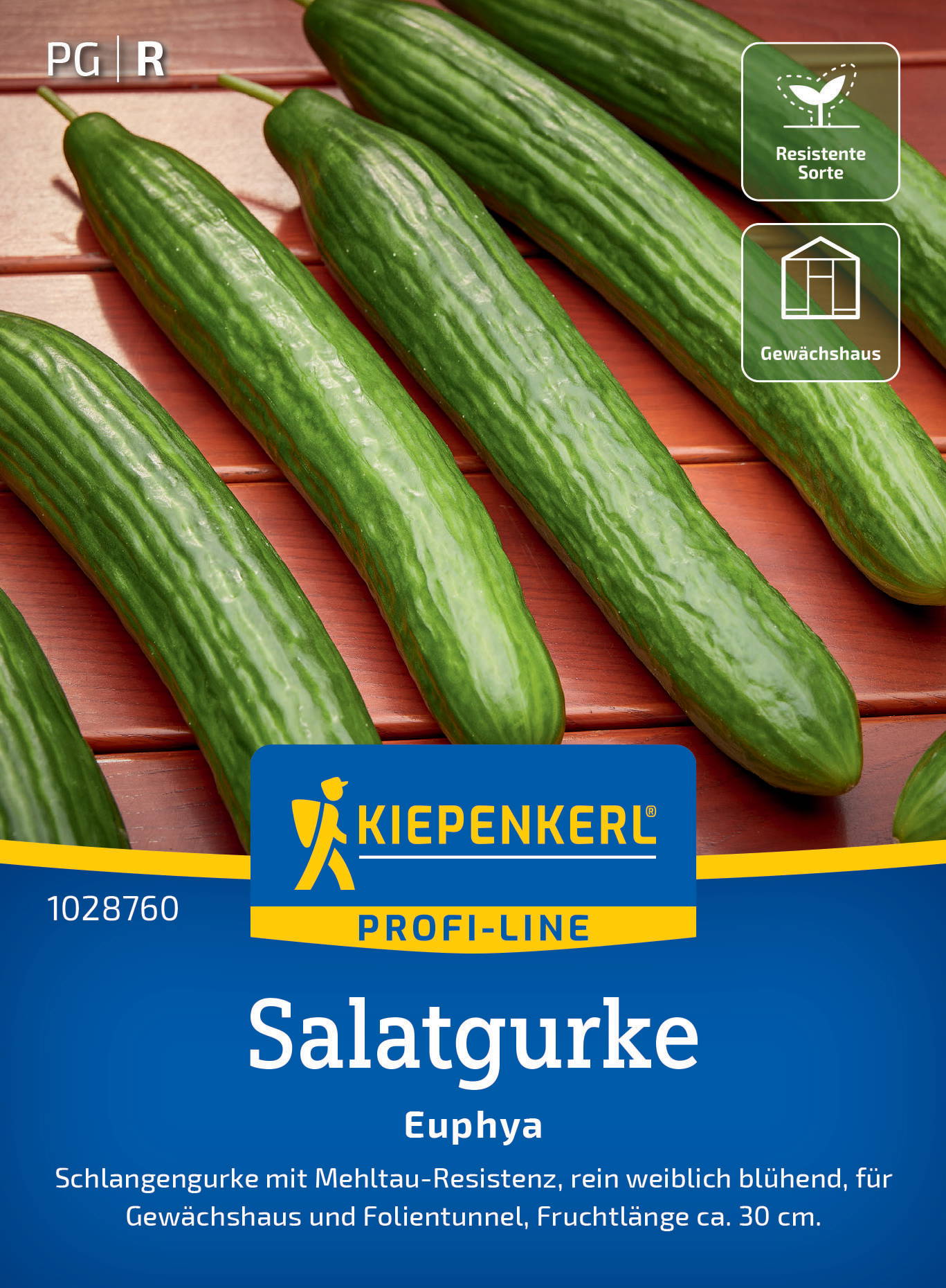 Mehrere grüne Gurken auf einem Holztablett, mit Symbolen für resistenten Geschmack und Gewächshaus.