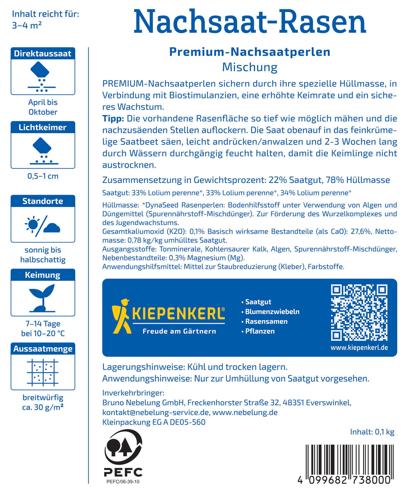 Detaillierte Verpackungsanleitung für Nachsat-Rasen Samen, mit QR-Code und Logo.