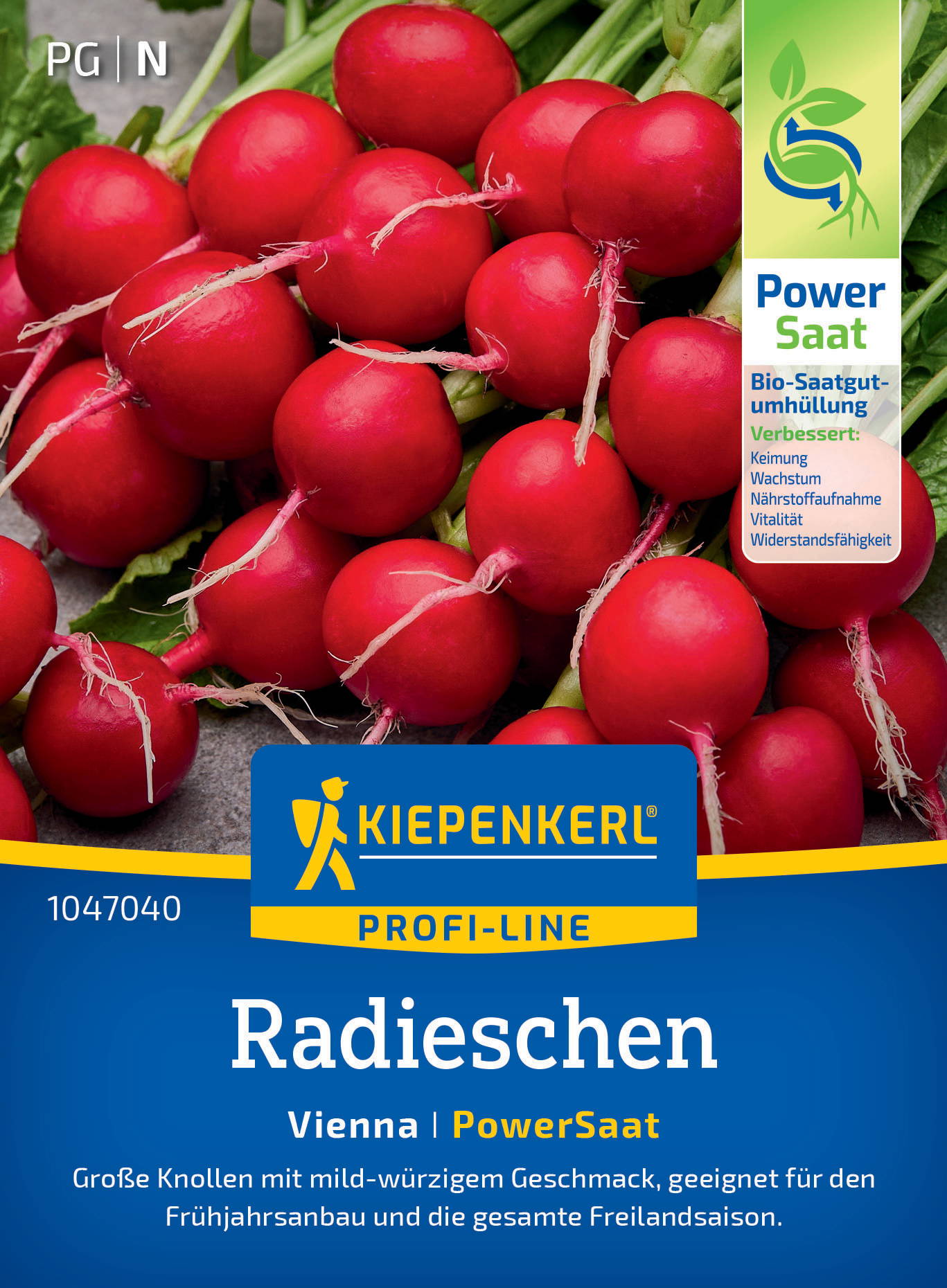Rote Radieschen mit grünen Blättern auf einer Packung.