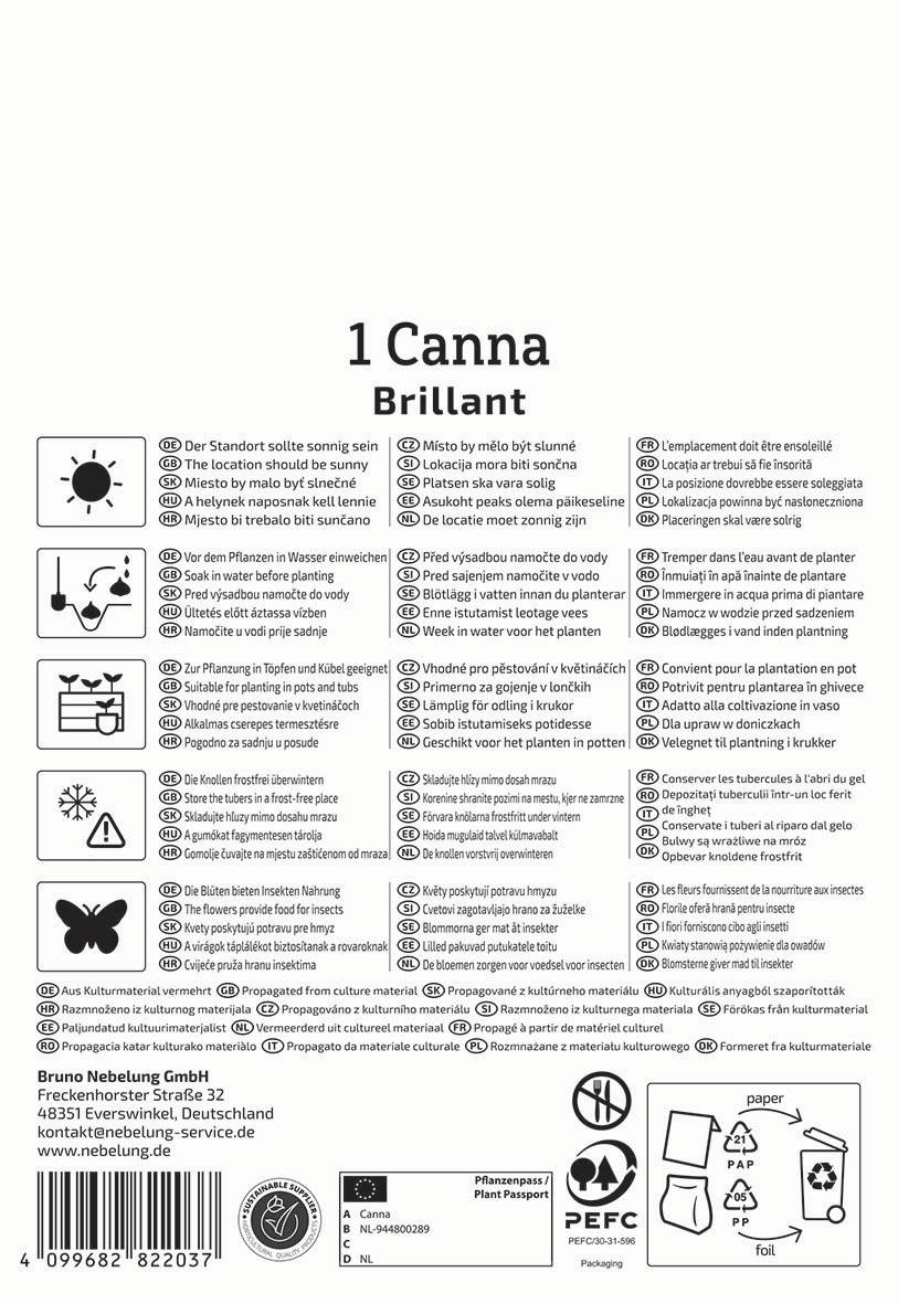 Anleitungssymbols für Pflanzenpflege, Propagation, FSC Recycling, europäische Zertifizierung, Produktinformationen.