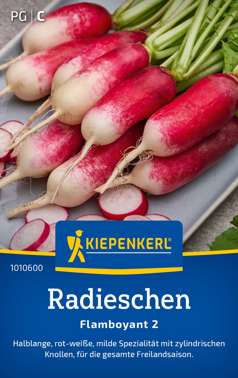Radieschen mit roter und weißer Farbe, liegen auf einer Platte.