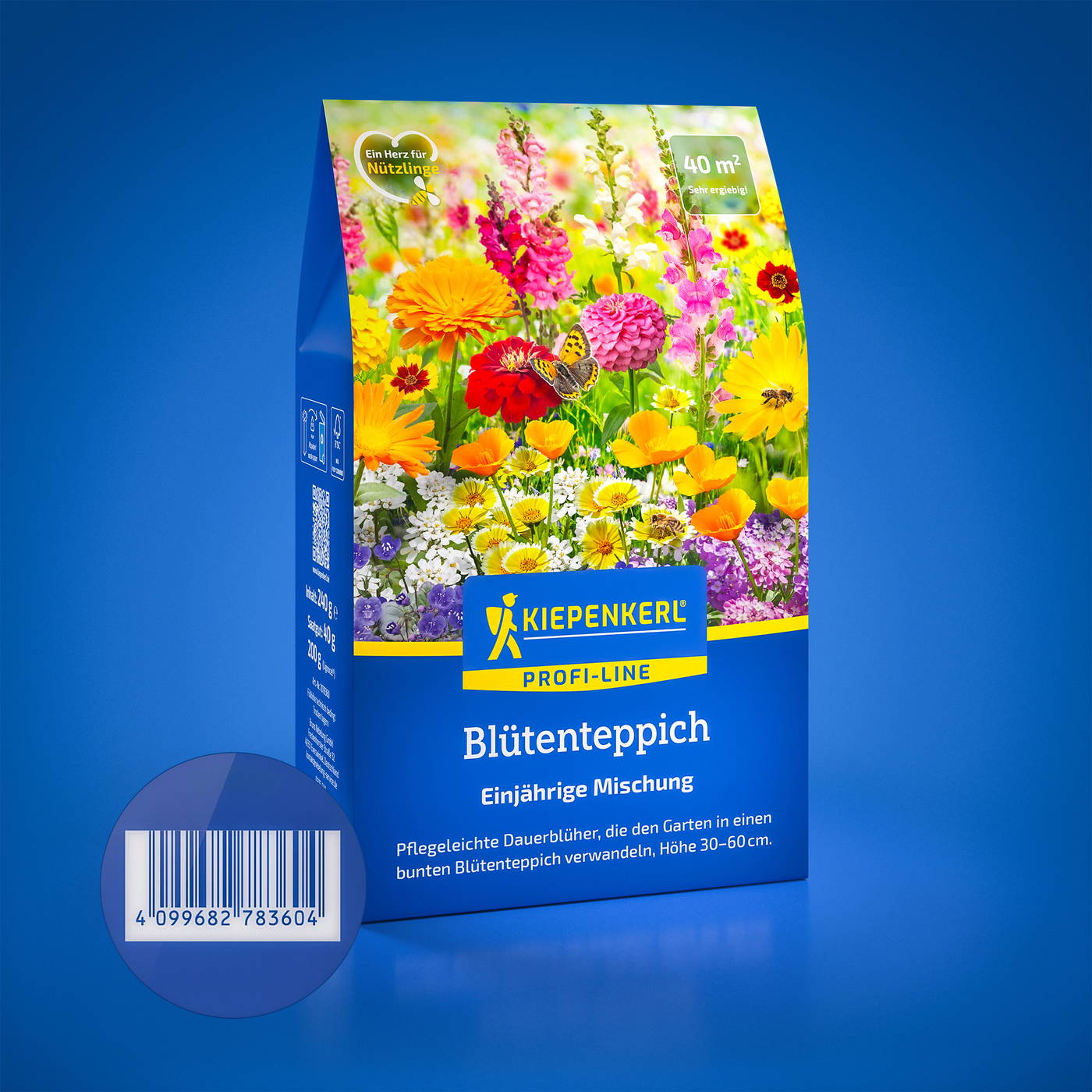 Bodenbild mit bunten Blumen, Sonnenblumen, Gänseblümchen, Dolden, Schmetterlinge, Biene, auf blauer Verpackung, Kiepenkerl.