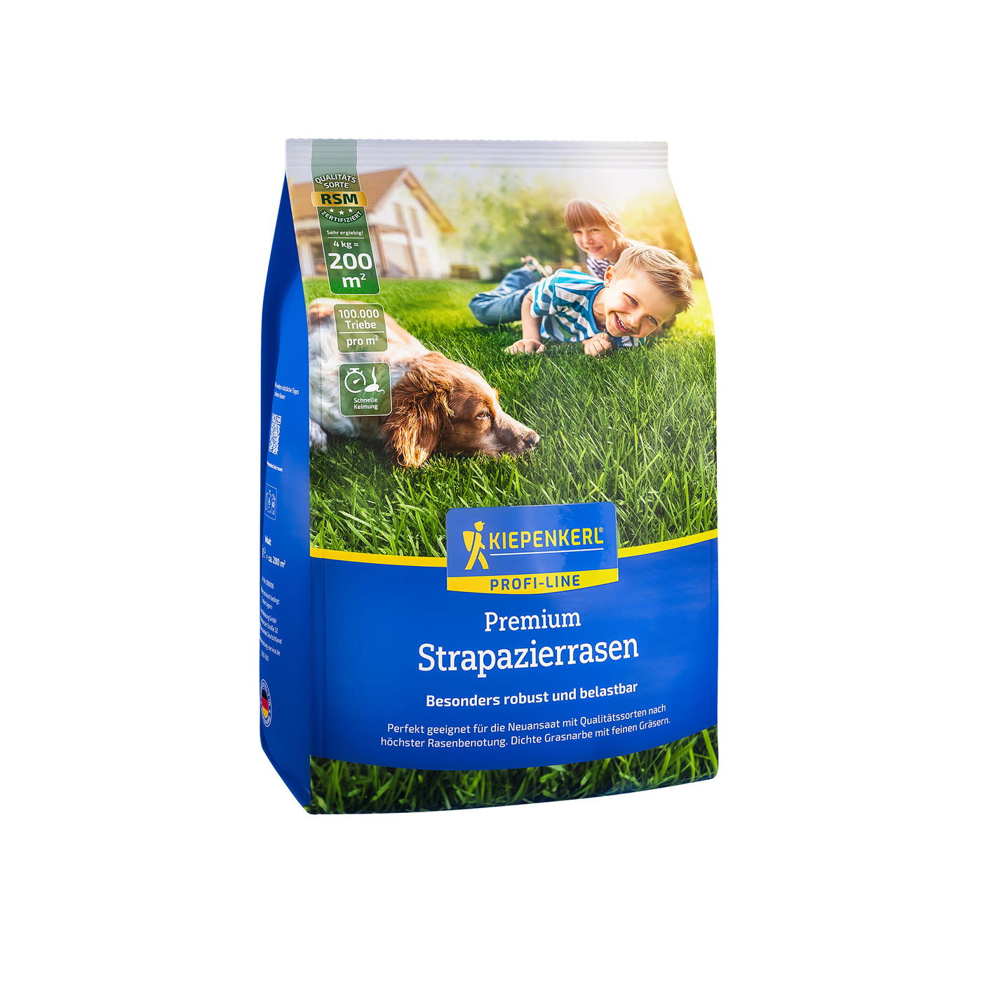 Ein Junge und ein Mädchen spielen mit einem Hund auf einer grünen Wiese bei Sonnenlicht.