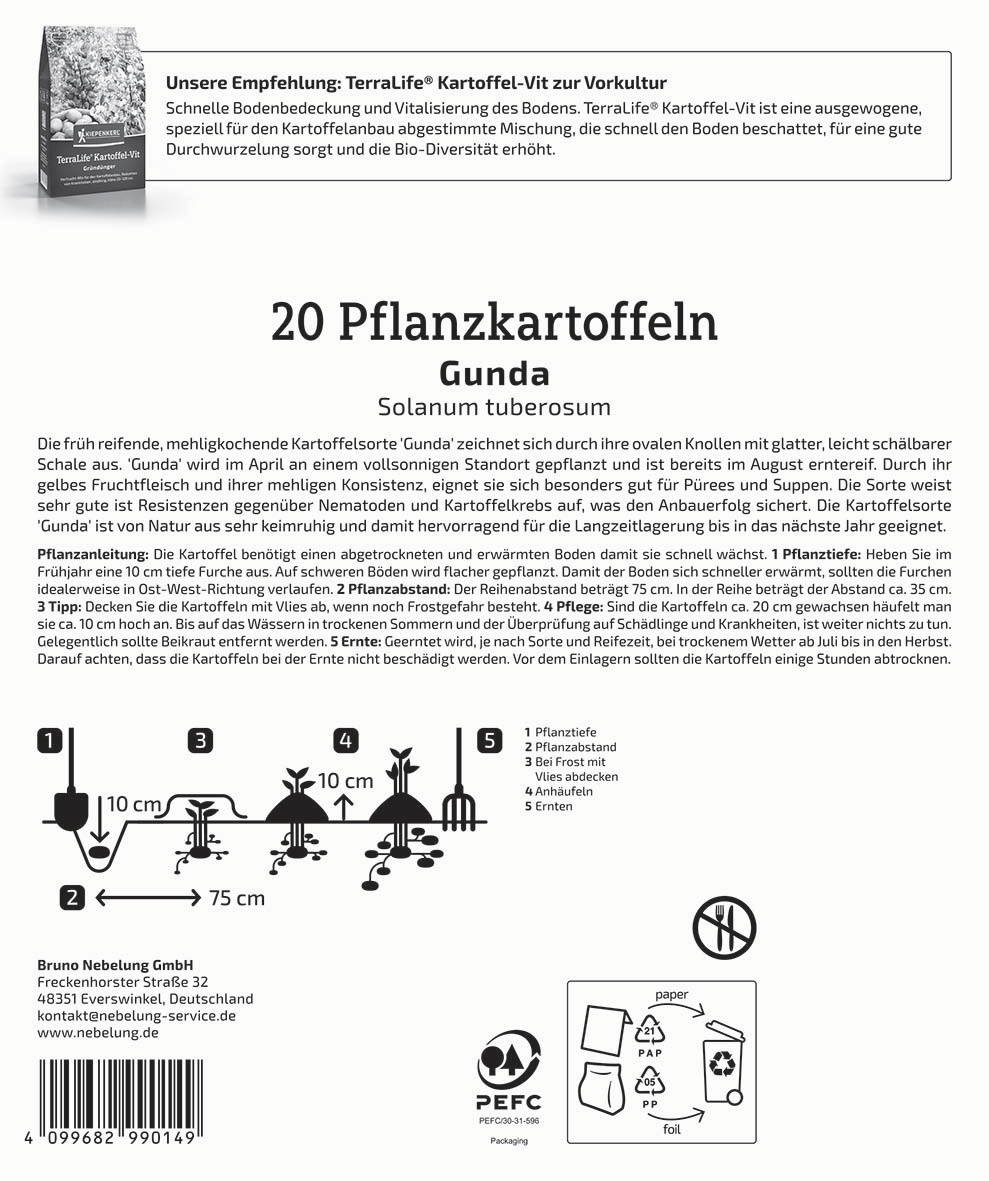 Anleitung mit Text, Diagramm und Recyclingsymbols für den Anbau von Pflanzkartoffeln der Sorte Gunda.