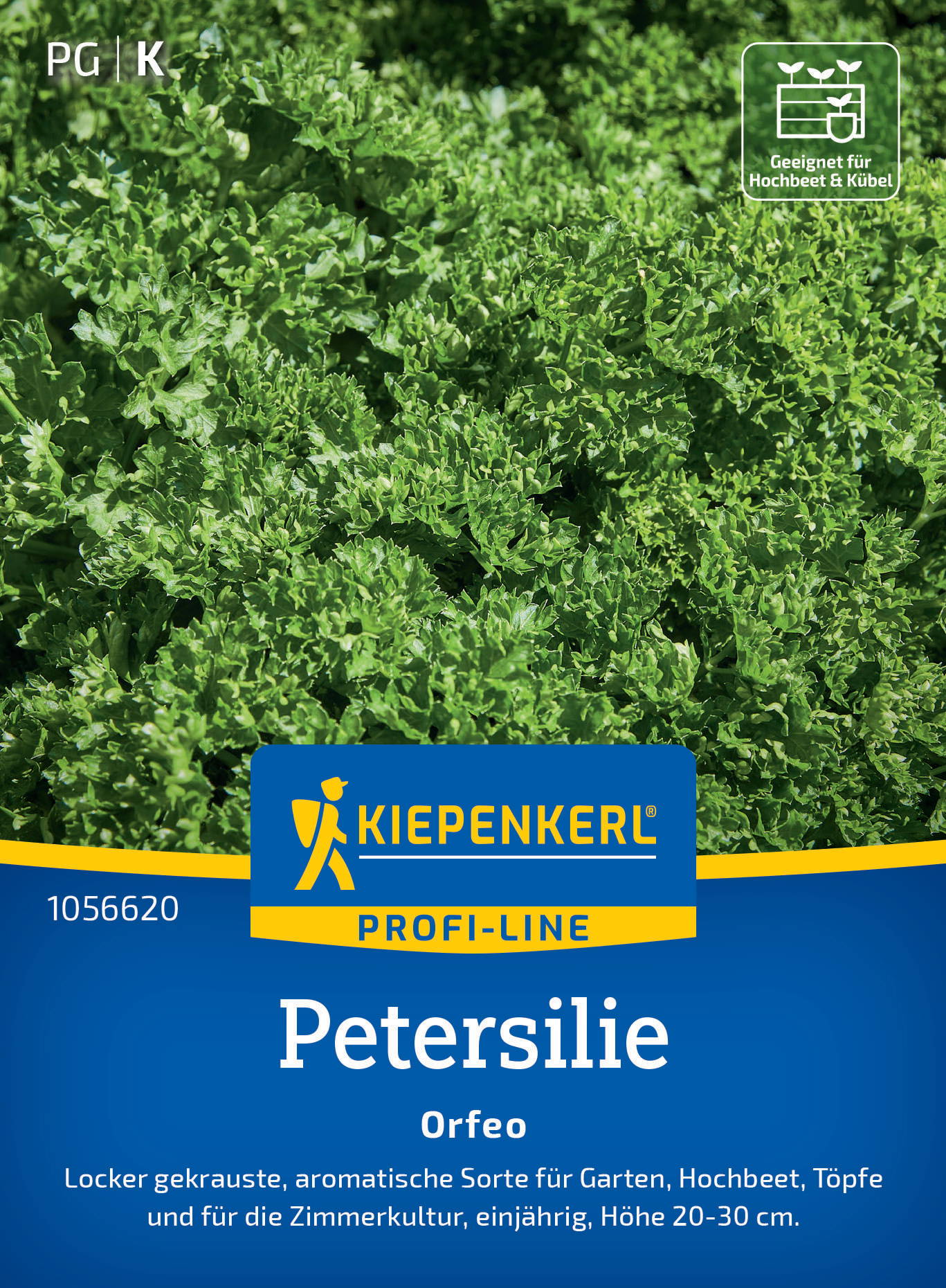 Grüne Petersilienblätter auf der Verpackung mit Kiepenkerl-Profi-Line-Logo und Text.