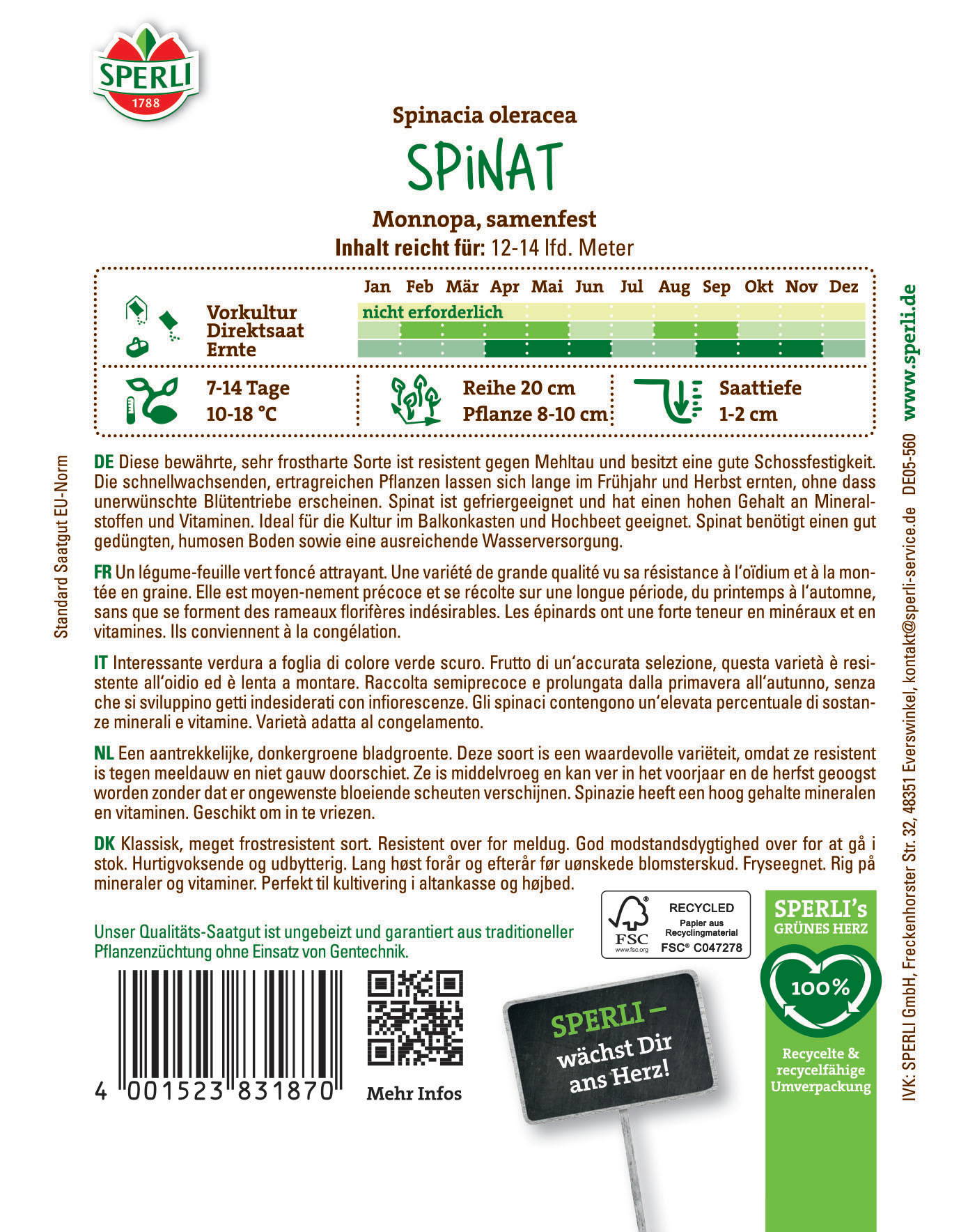 Packungsrückseite mit Informationen zur Gemüsesorte Spinat, Anbau, Pflege, Ernte, Inhaltsstoffe und Recyclinghinweisen.