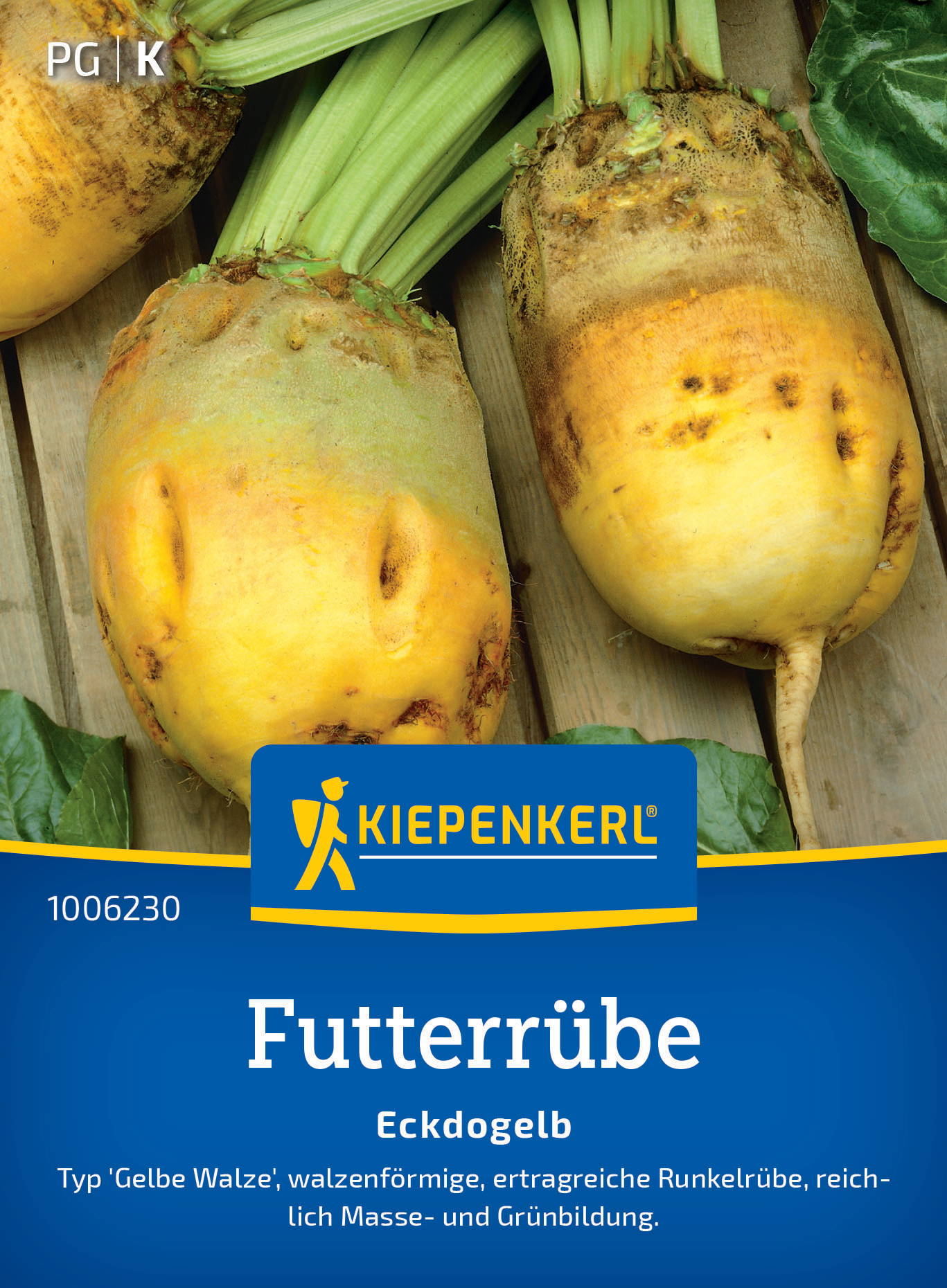 Zwei gelbe Rüben mit grünen Blättern auf Holzboden, Kiepenkerl Verpackung.