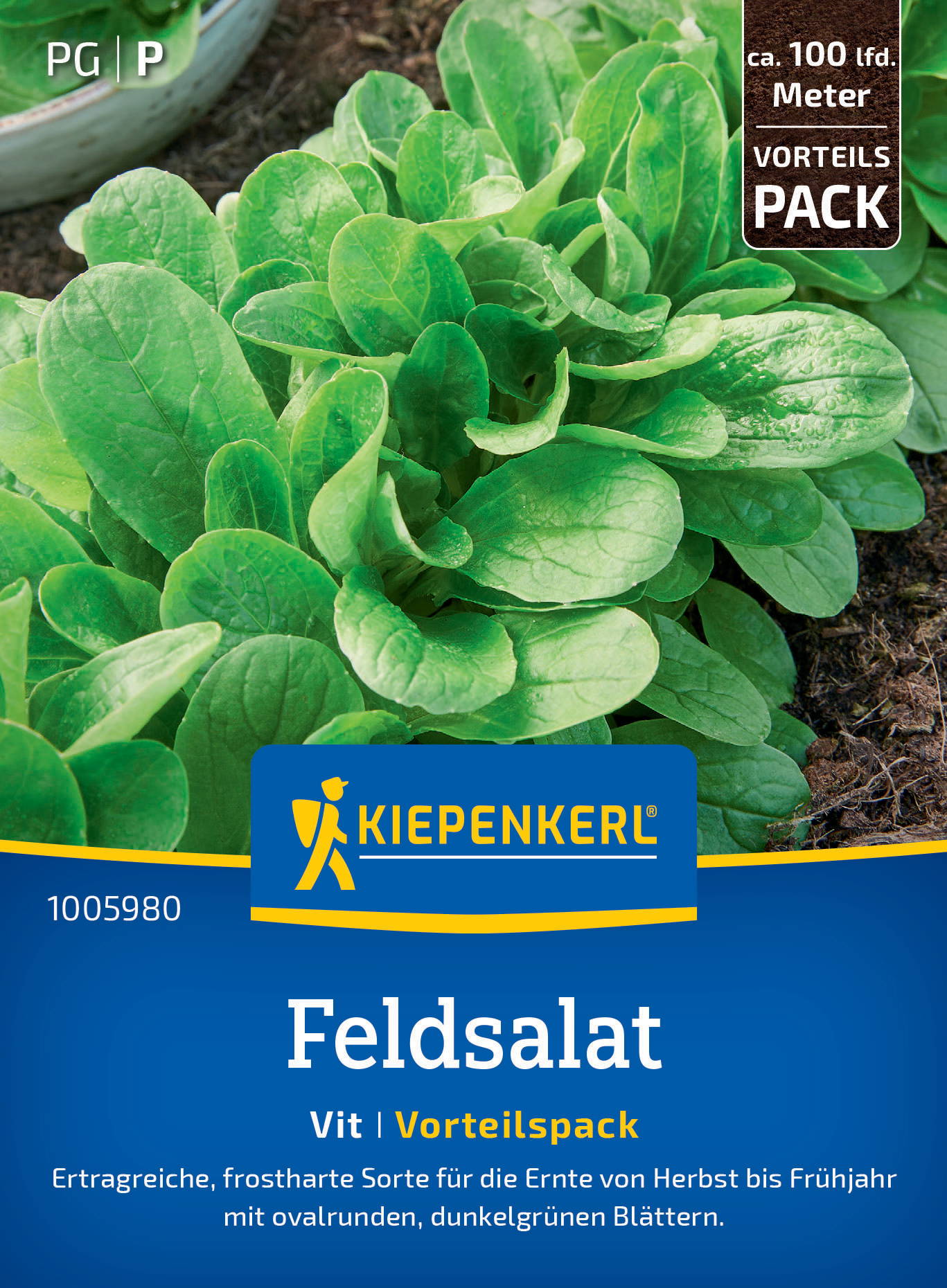 Grüner Feldsalat mit runden, dunkelgrünen Blättern wächst in Erde. Verpackung mit Marke Kiepenkerl, Sorte Vit.