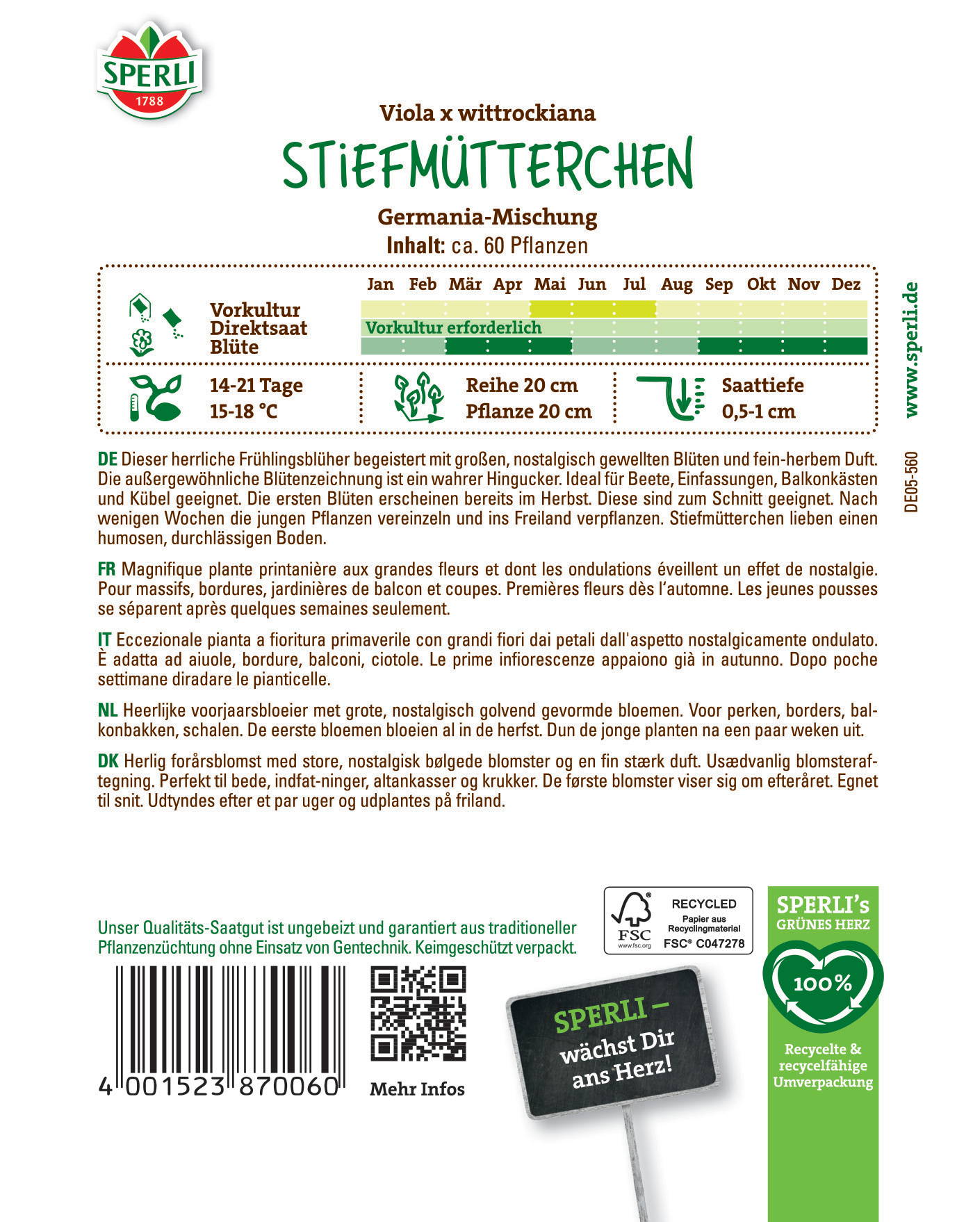Pflanzenpackung mit großem Blütenbild, deutschem Text, Barcode, QR-Code und Recycling-Logo.