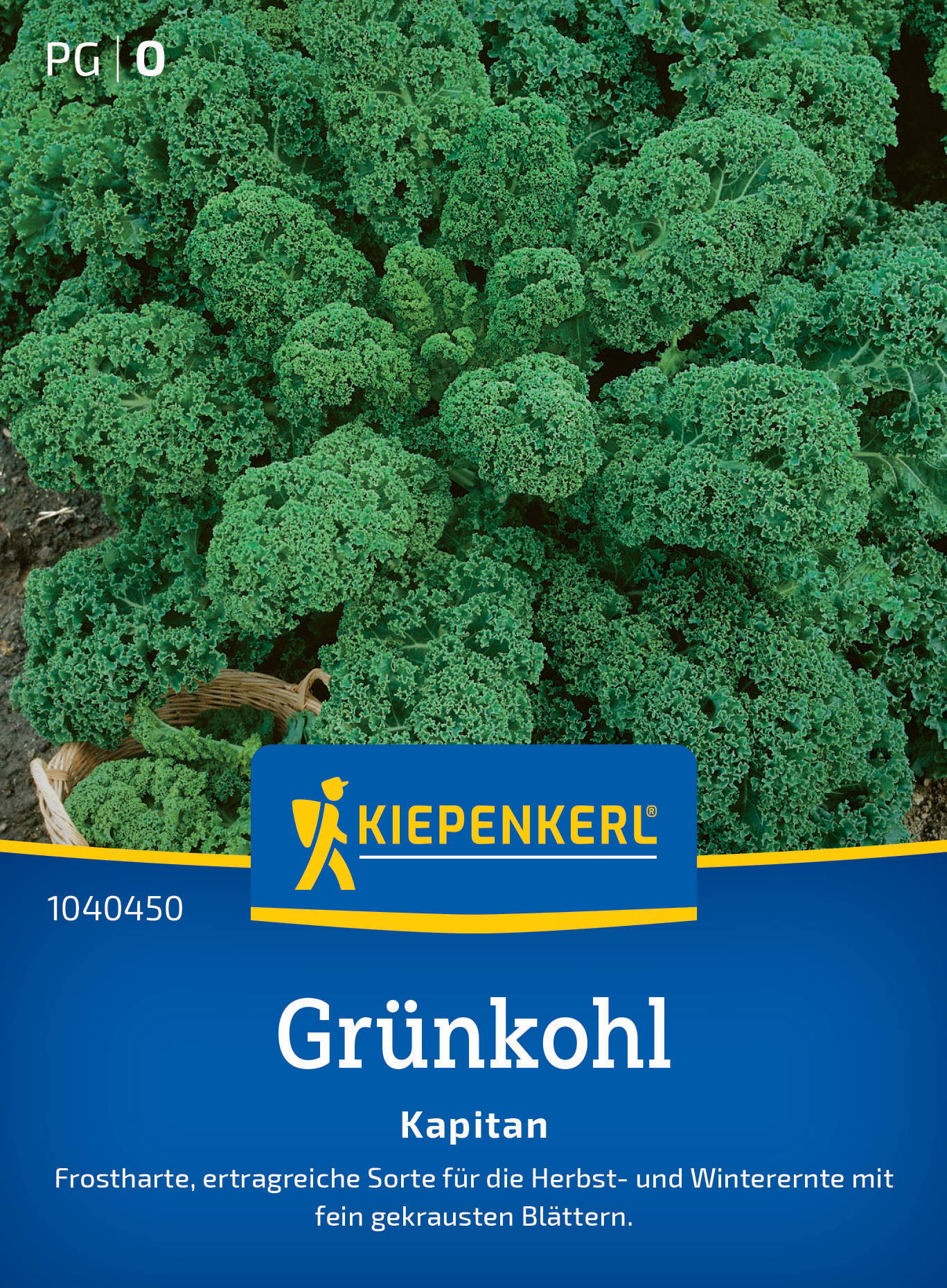 Grünkohl mit gekrausten Blättern auf dem Boden, Verpackungslabel mit Logo und Produktbeschreibung.