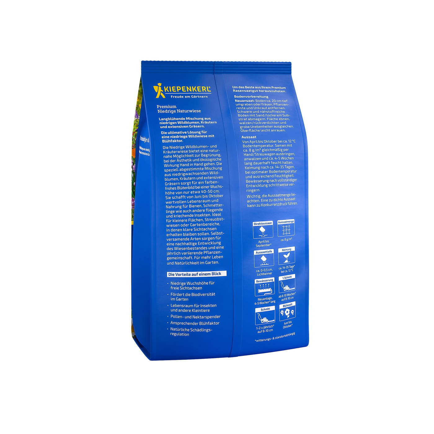 Blaue Verpackung mit gelbem Kiepenkerl-Logo und Text über Blumensamen, Anweisungen und Vorteilen.