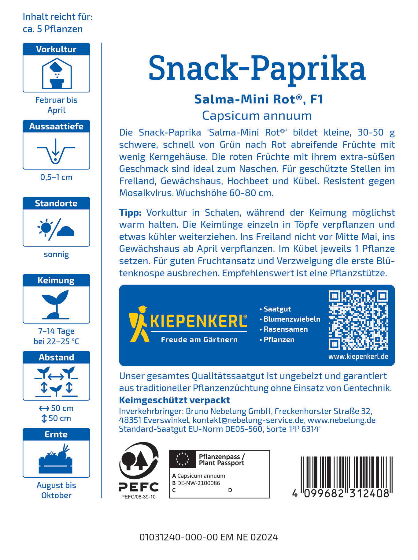Anleitung, Sortenname, Pflanze, QR-Code, Barcode, Logos, Textinformationen in Blau und Weiß.