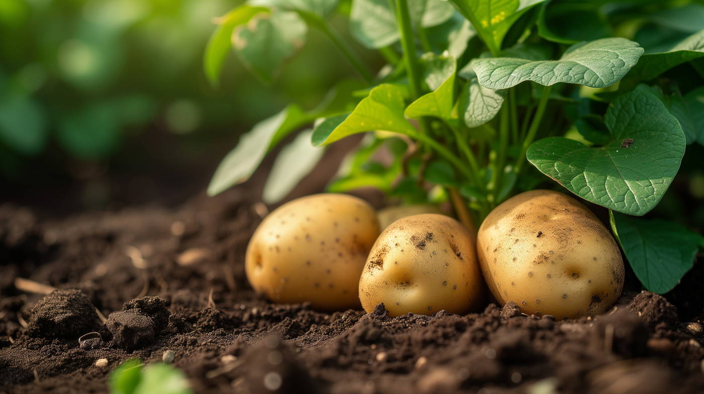 Drei erdachte Kartoffeln im Boden mit grünen Blättern darüber.