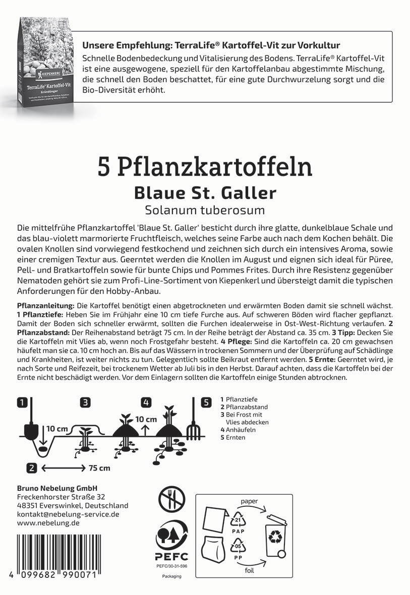 Text mit Anweisungen und Beschreibung zur Pflanzung von blauer St. Galler Kartoffeln.