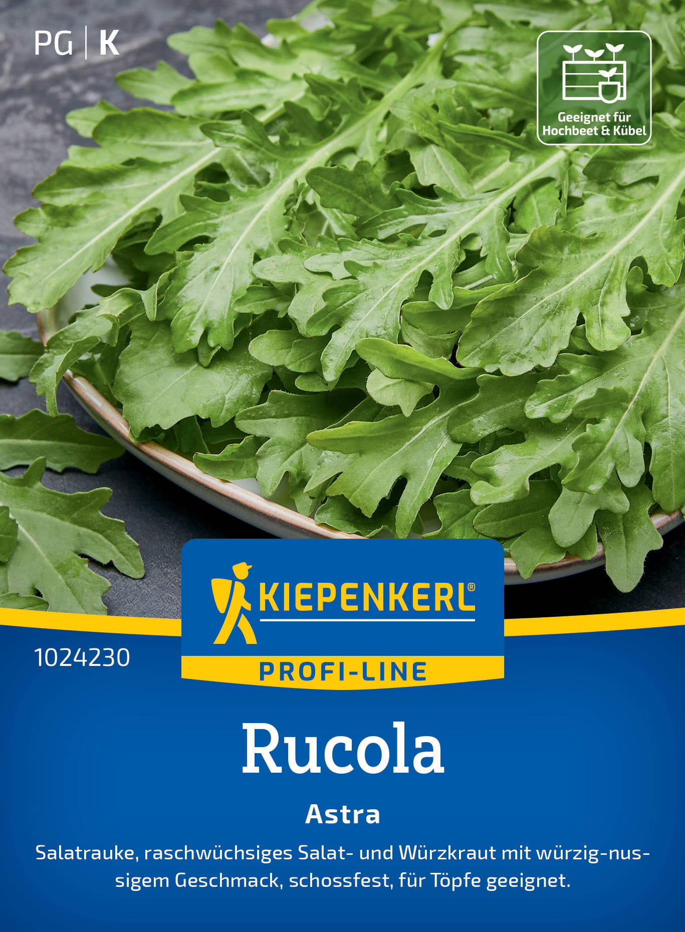 Frischer Rucola auf einem Teller, Verpackung zeigt Rucola-Saatgut mit Produktinformationen.