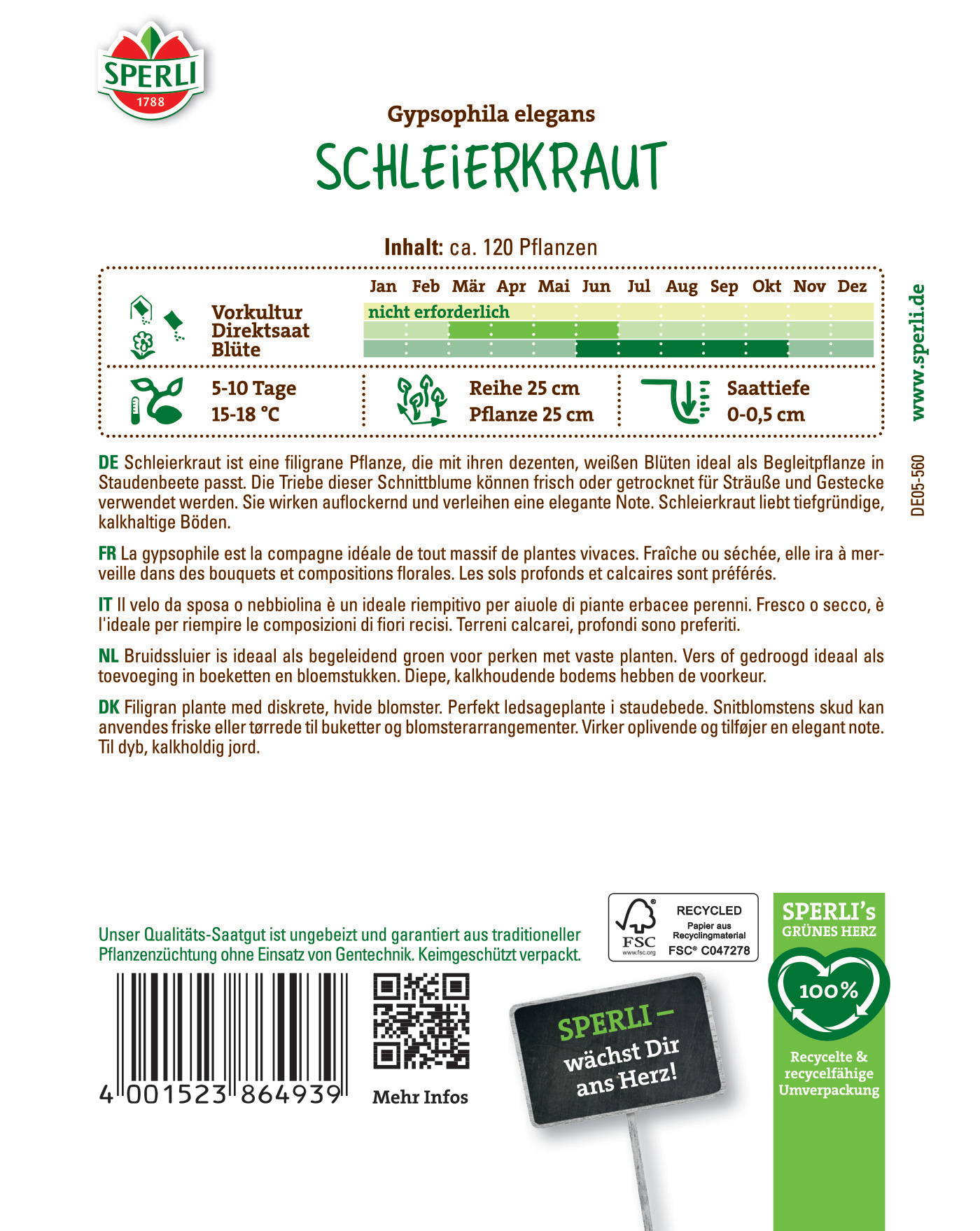 Blatt der Packungsbeschreibung mit grünen und braunen Texten, QR-Code, Barcode, Logo und Pflanzensymbol.