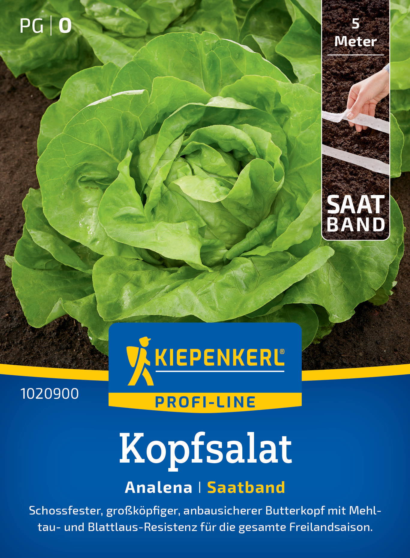 Kopfsalat mit großen, grünen Blättern auf dunkler Erde, Verpackung mit blauer und gelber Kennzeichnung.