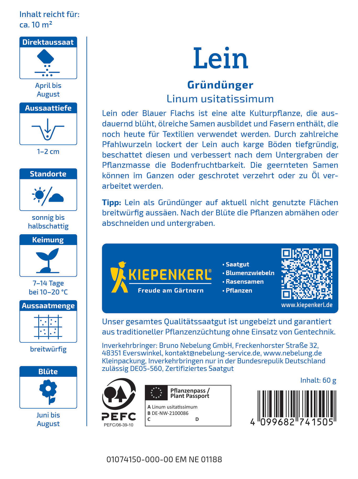 Packung mit Leinsamen, inklusive Text, Logo, Barcode, Symbolen und Produktinformationen.