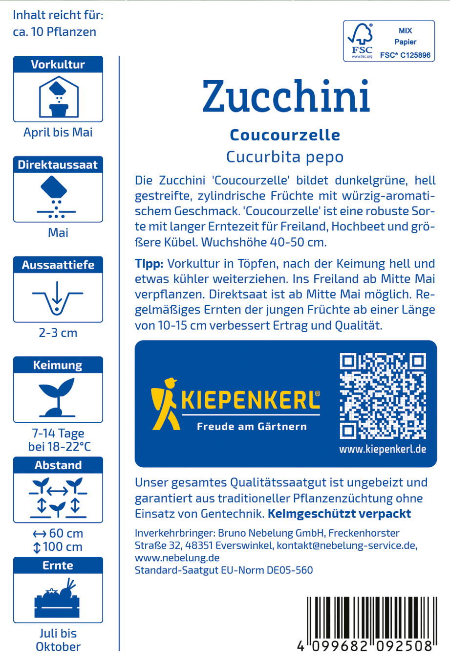 Pflanzensamen für Zucchini 'Coucourzelle' in Verpackung mit Text und QR-Code.