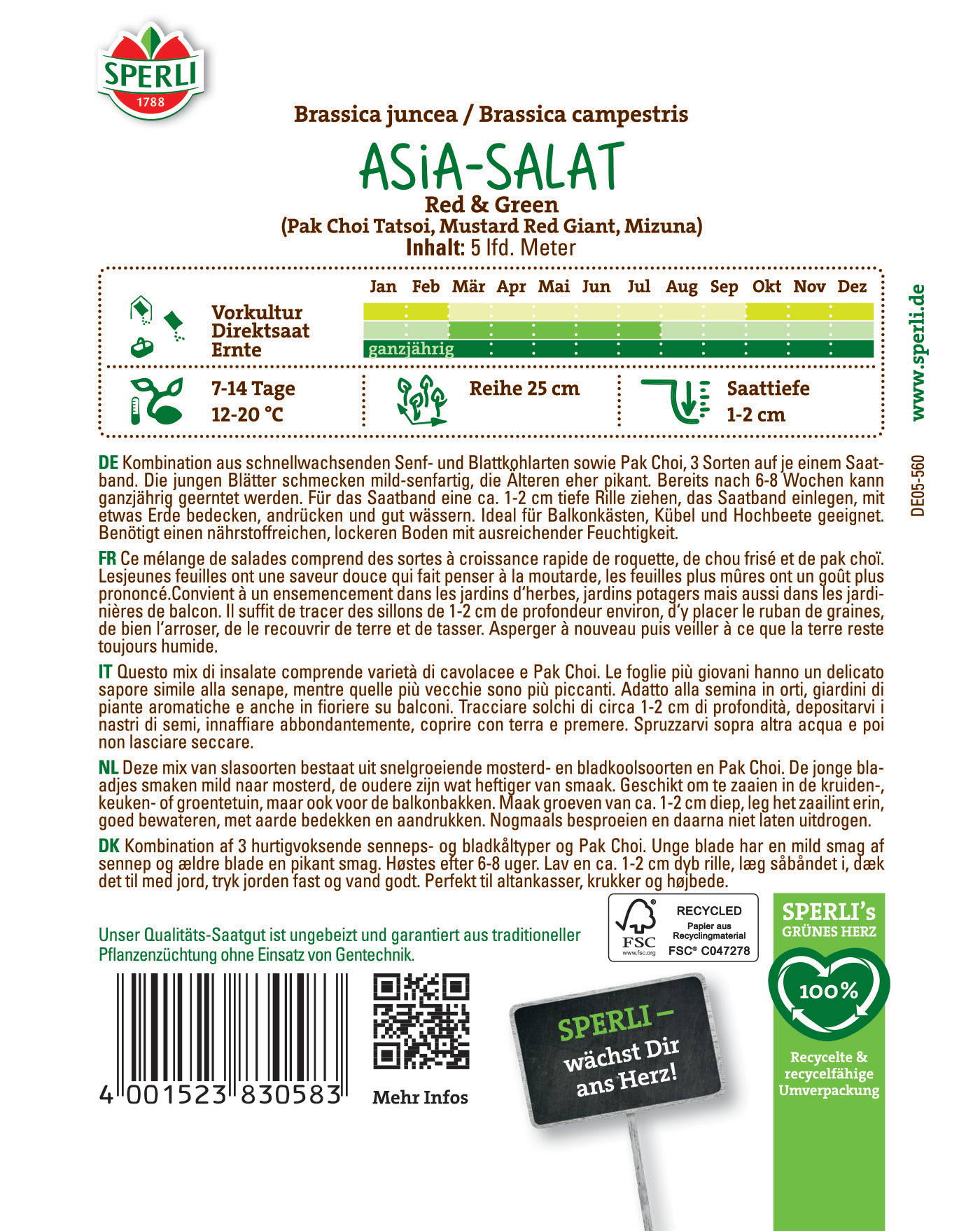 Bunte Blätter, grüne und rote Kohlblätter, auf einem Saatband mit Text auf der Rückseite.