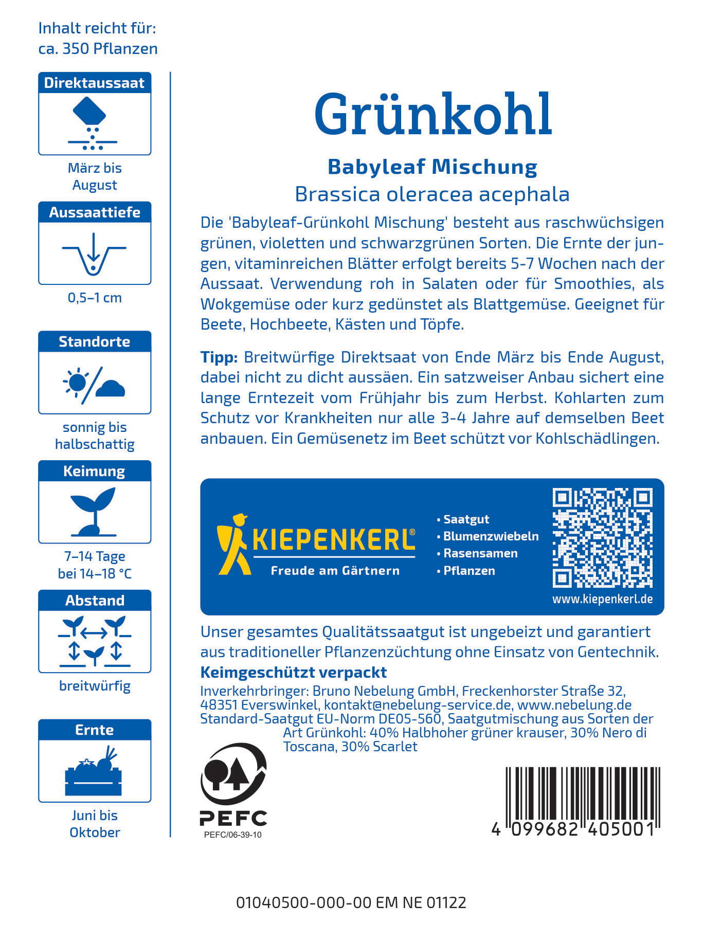 Grünkohl-Blätter in hellgrüner Farbe, mit Text und QR-Code auf Verpackung.