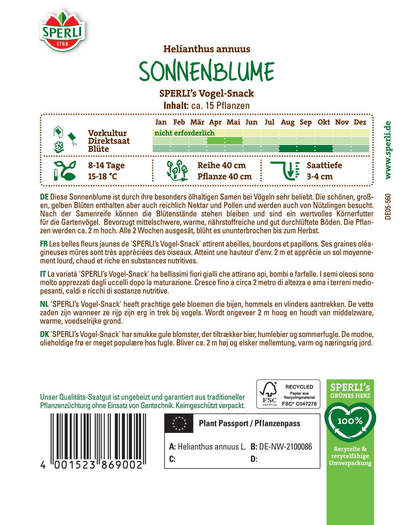 Sonnenblume Helianthus annuus, Informationen zu Pflanzung, Blütezeit und Standort auf der Verpackung.