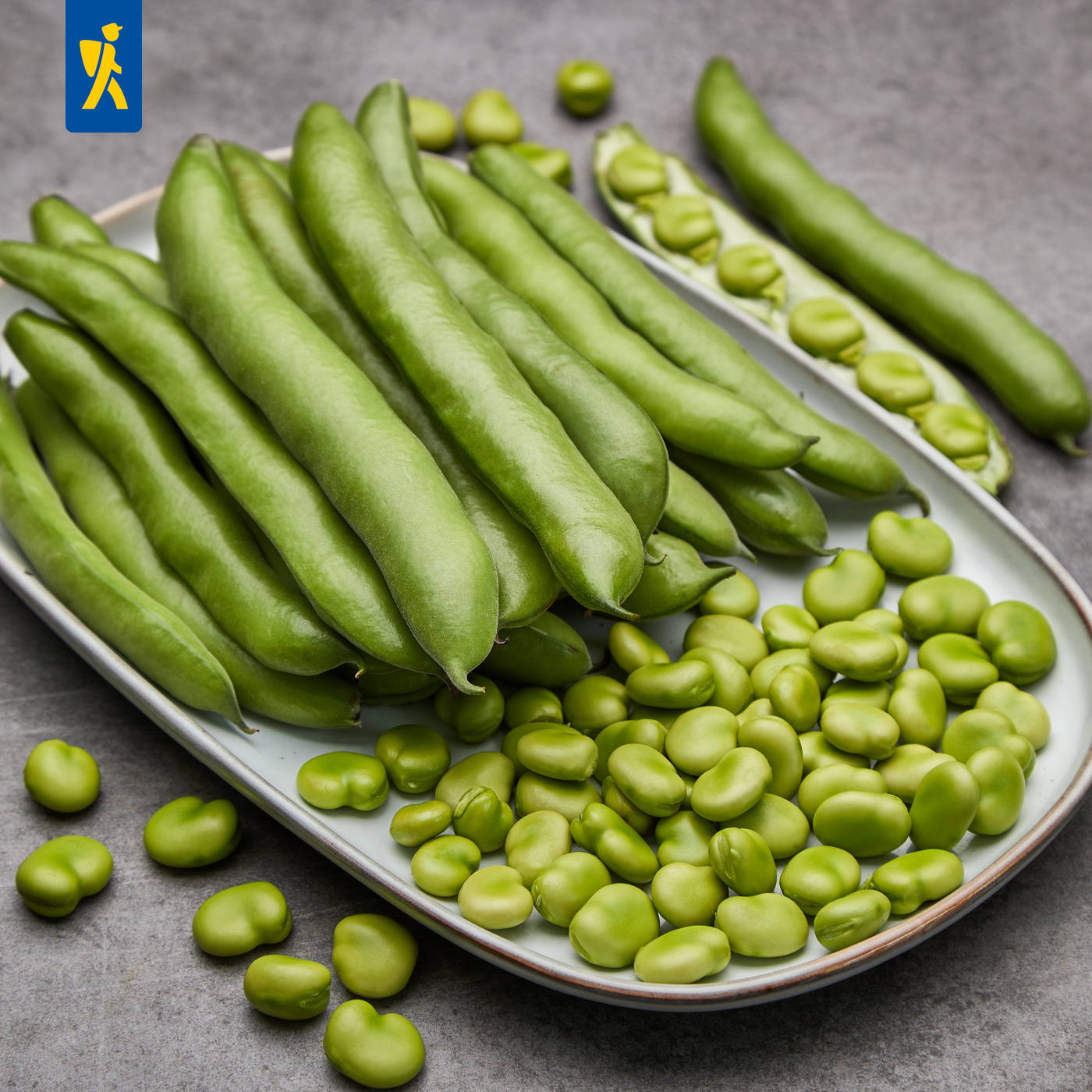 Grüne Edamame-Bohnen auf einer weißen ovalen Platte, einige Bohnen außerhalb der Platte.