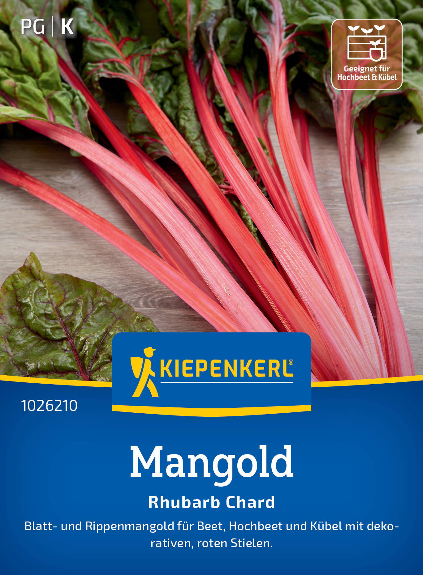 Rote Mangoldstiele und grüne Blätter auf Holztisch, Verpackung mit Kiepenkerl Logo, Produktname und Beschreibung.