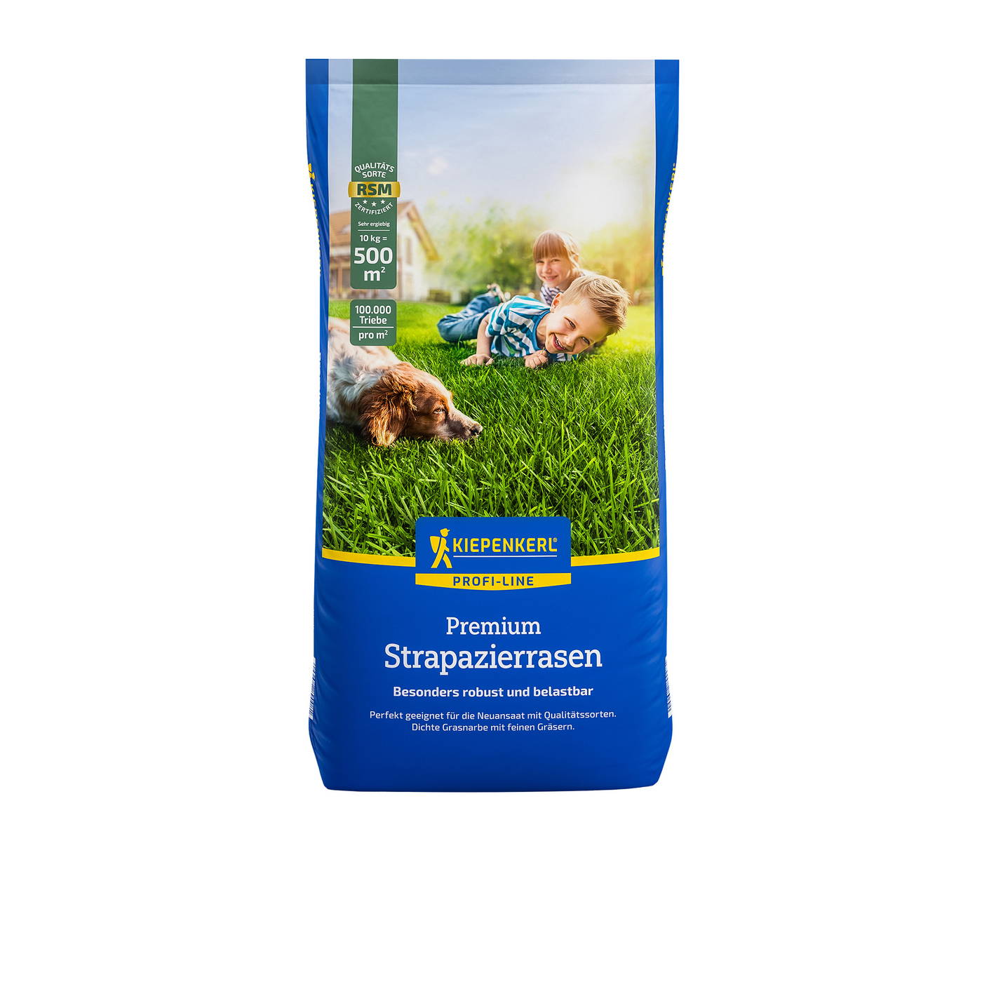 Bunt verpackte Rasenfläche mit Kindern und Hund auf dem Rasen, blaue Verpackung mit Text und Logo.