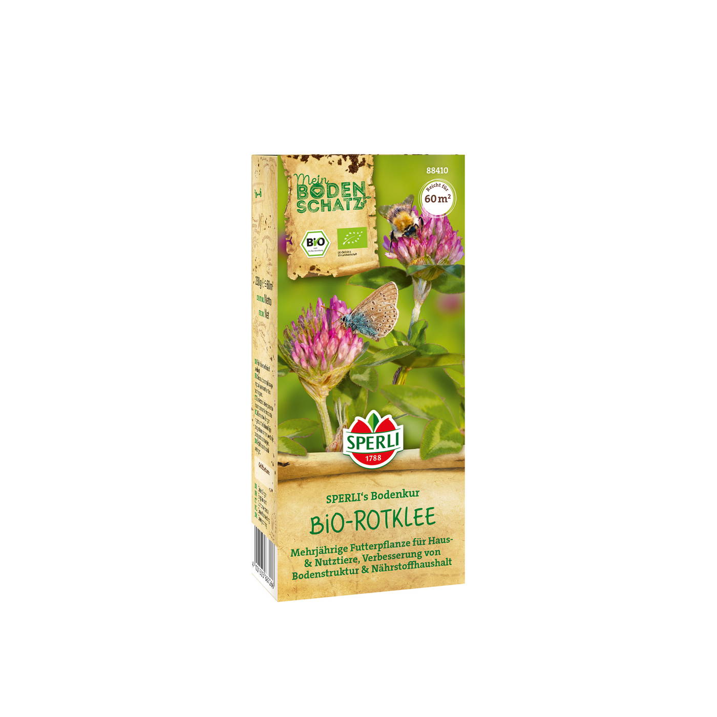 Verpackung für Bio-Rotklee mit pinken Blüten, einem Schmetterling und einer Biene auf grünem Hintergrund.