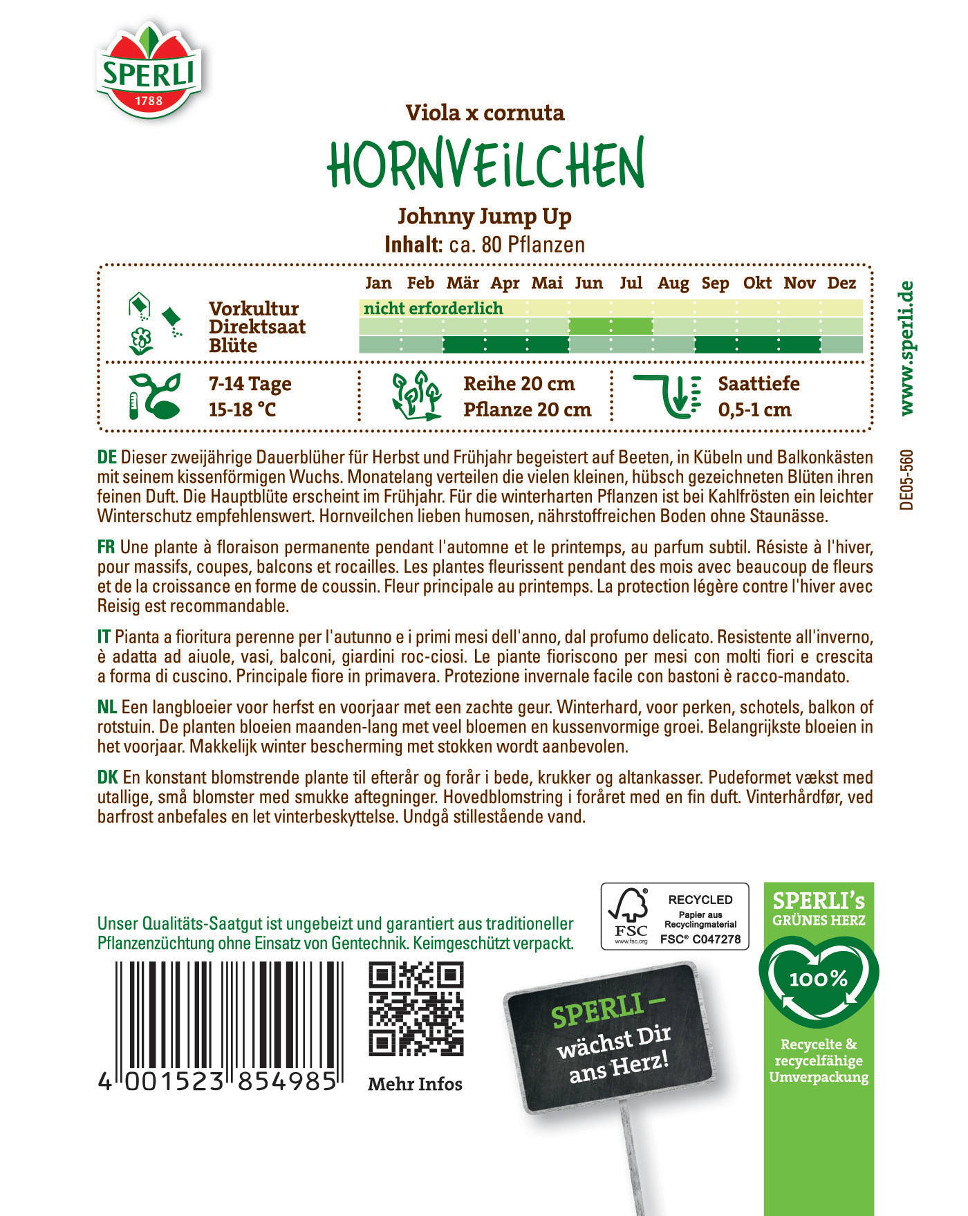 Sperli Hornveilchen Verpackung mit Text, Blüte, Pflanzeninformationen, Barcode und QR-Code.