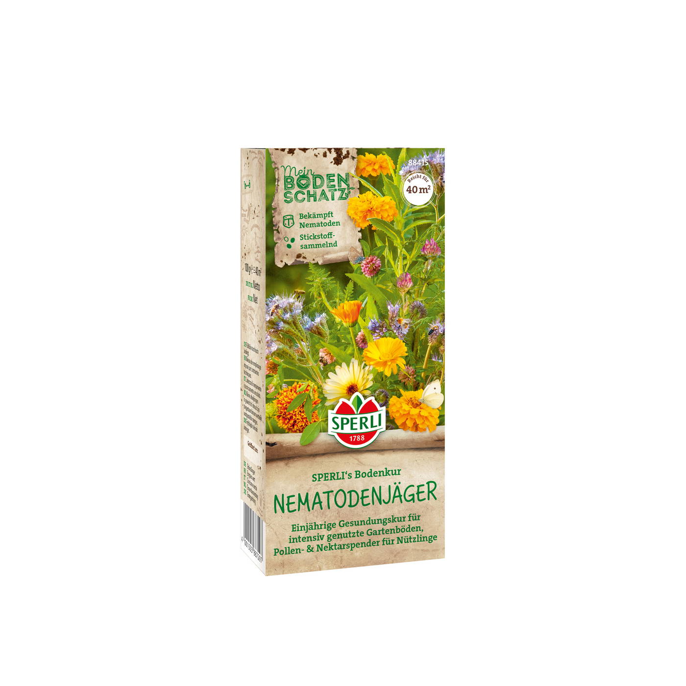 Verpackung für Nematodenjäger mit bunten Blumen, Tiermotiven und deutscher Beschriftung.