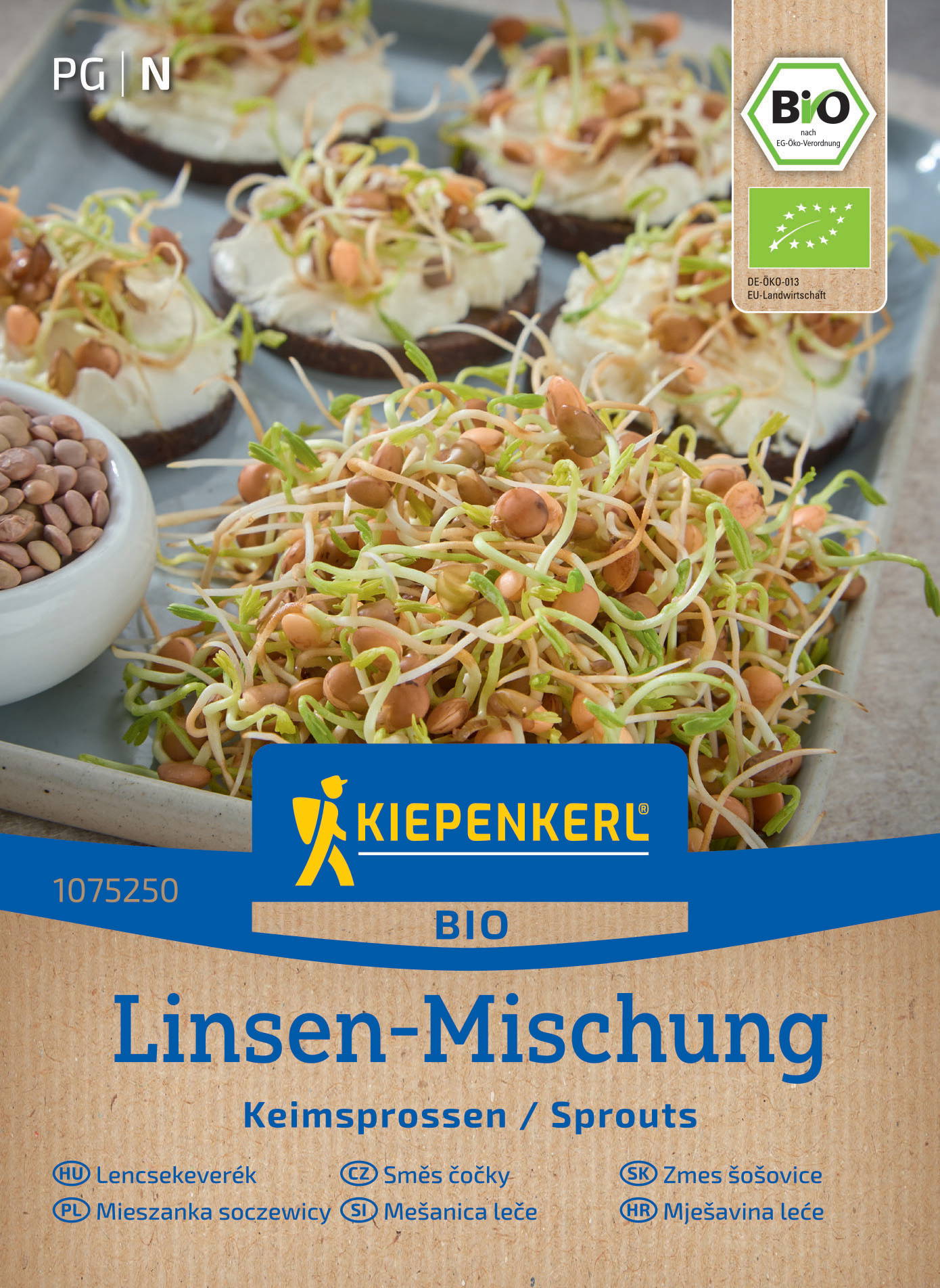 Verschiedene gekeimte Linsen und Brote mit Frischkäse und Sprossen auf einer Platte.