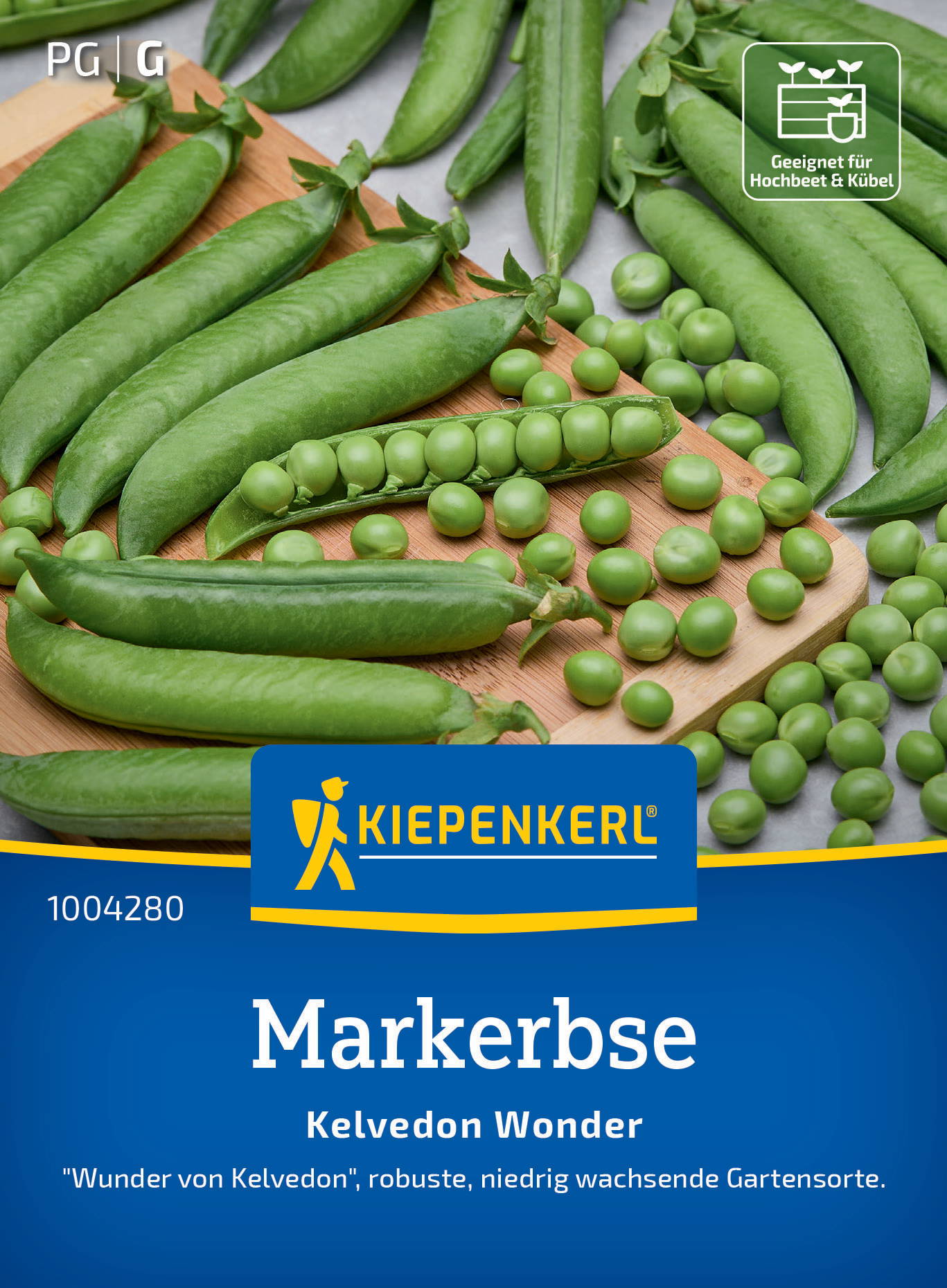 Verschiedene grüne Erbsen und Schoten auf einem Holzhintergrund mit einem Kiepenkerl Logo und Text auf Blau.
