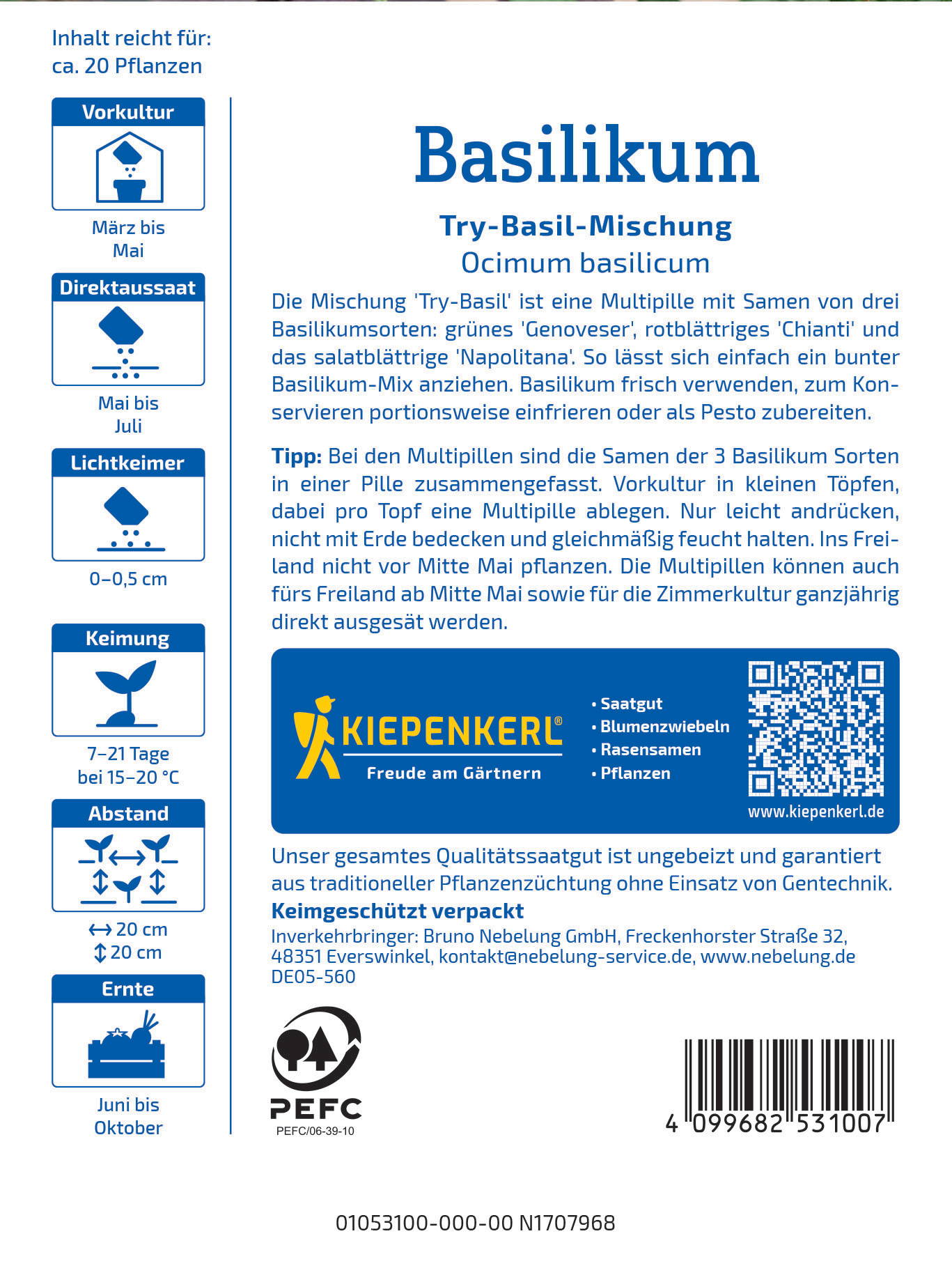 Basilikum-Pflanzensamen, Verpackung mit QR-Code, Logo, Text und Barcodes, Symbole für Pflanzhinweise.