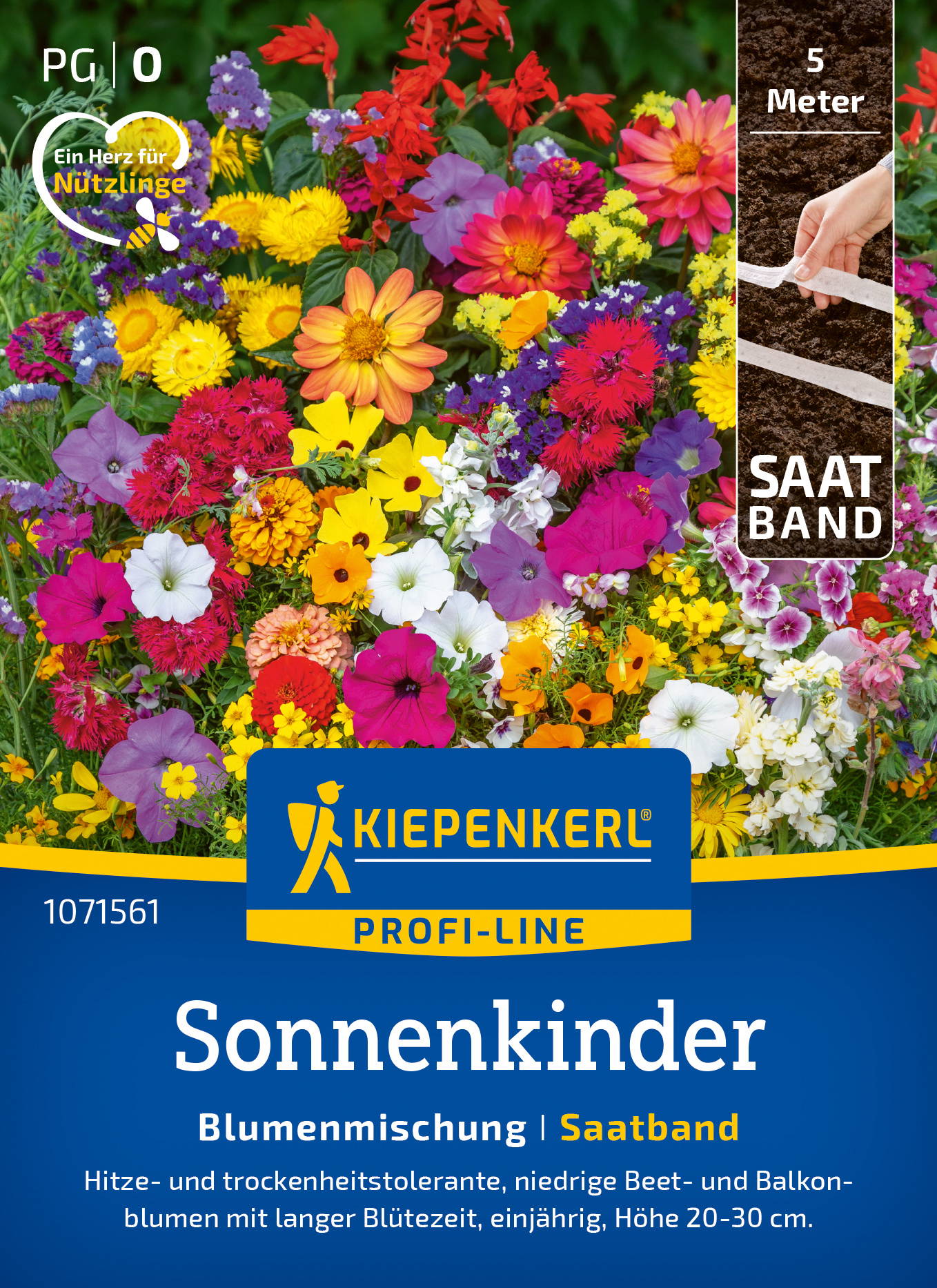 Bunte Blumenmischung in einem Garten, mit gelben, pinken, lila und weißen Blüten, auf einer Banderole mit Kiepenkerl-Logo.