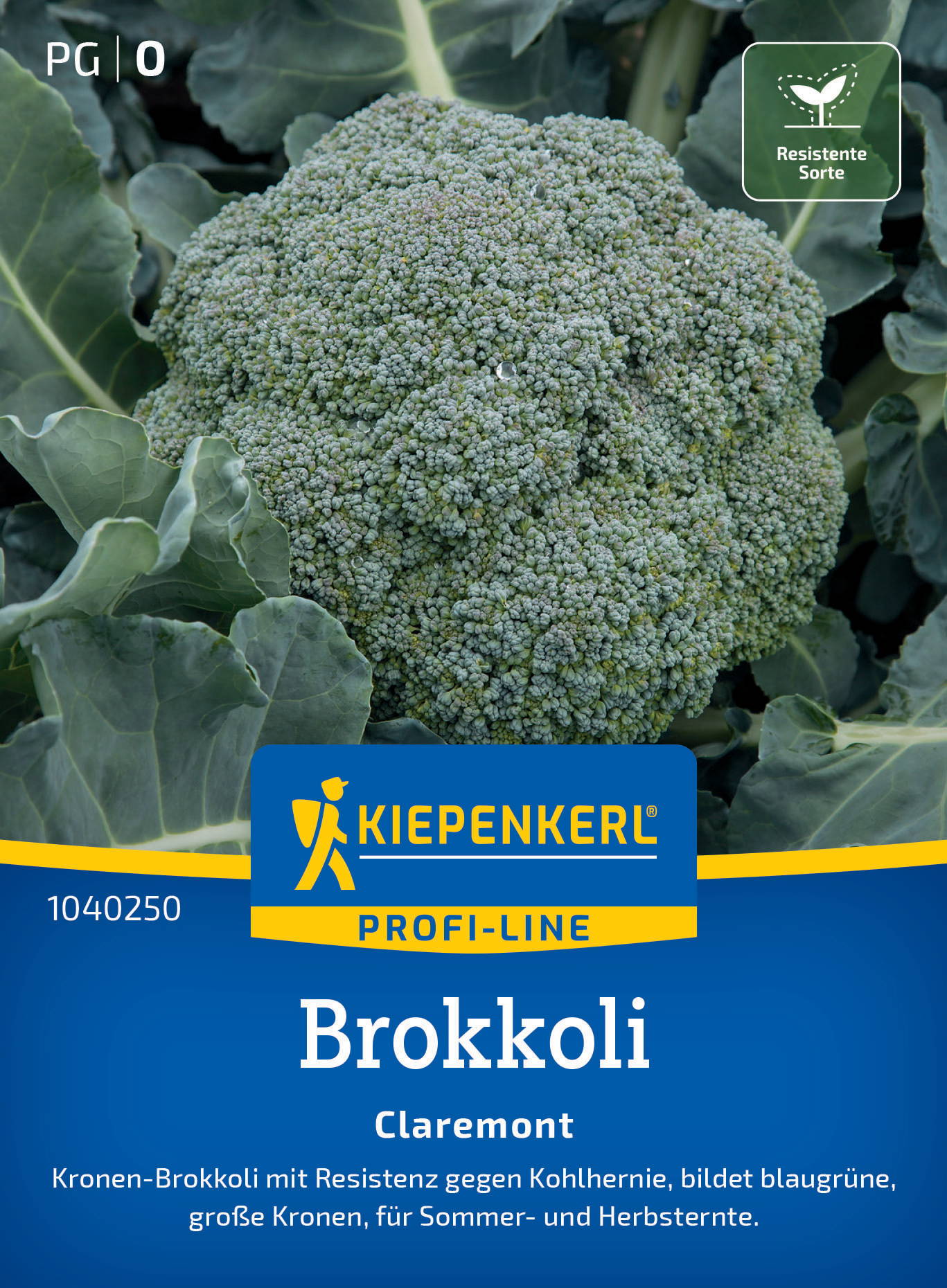 Grüner Brokkoli mit großen Blättern, im Hintergrund weitere Brokkolipflanzen, auf Verpackung.