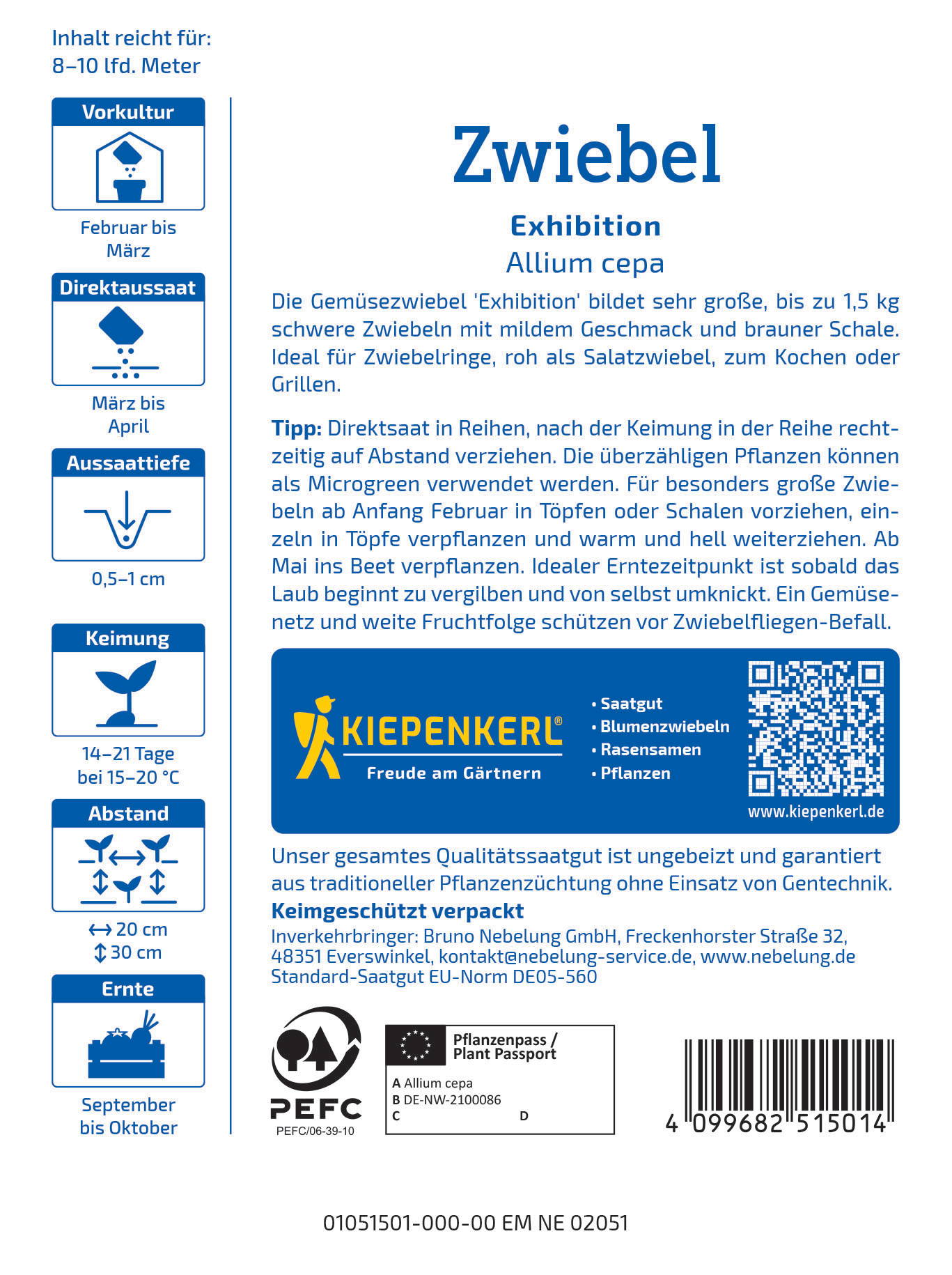 Informationsblatt über Zwiebel 'Exhibition' mit Text, Logo, QR-Code, Barcodes und Pflanztipps.