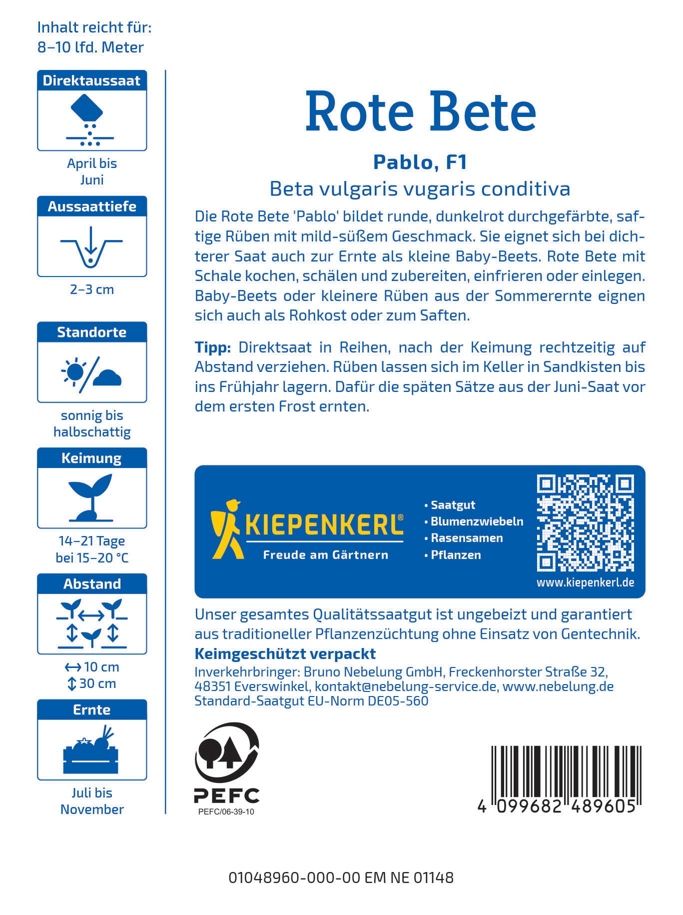 Packungsaufdruck mit Informationen zu Rote Bete, Anbau, Ernte, Aussaat, Standort, Keimung, Abstand, Verwendung, Hersteller, QR-Code, Barcode und Logos.