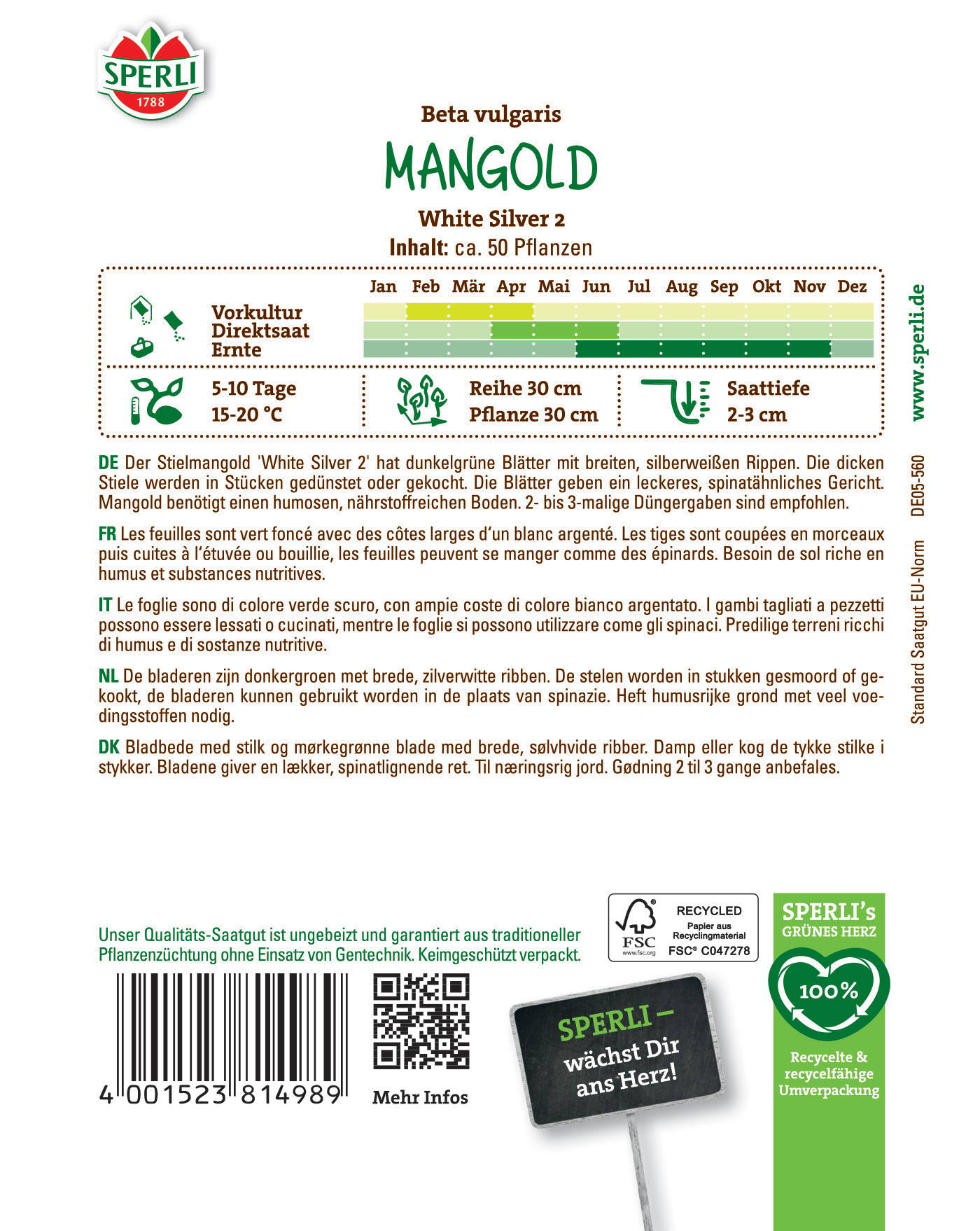 Bündel Mangold mit dunklen grünen Blättern, breiten Rippen, wächst im Sommer bis Herbst, ca. 2-3 cm tief, 5-10 Tage Abstand.