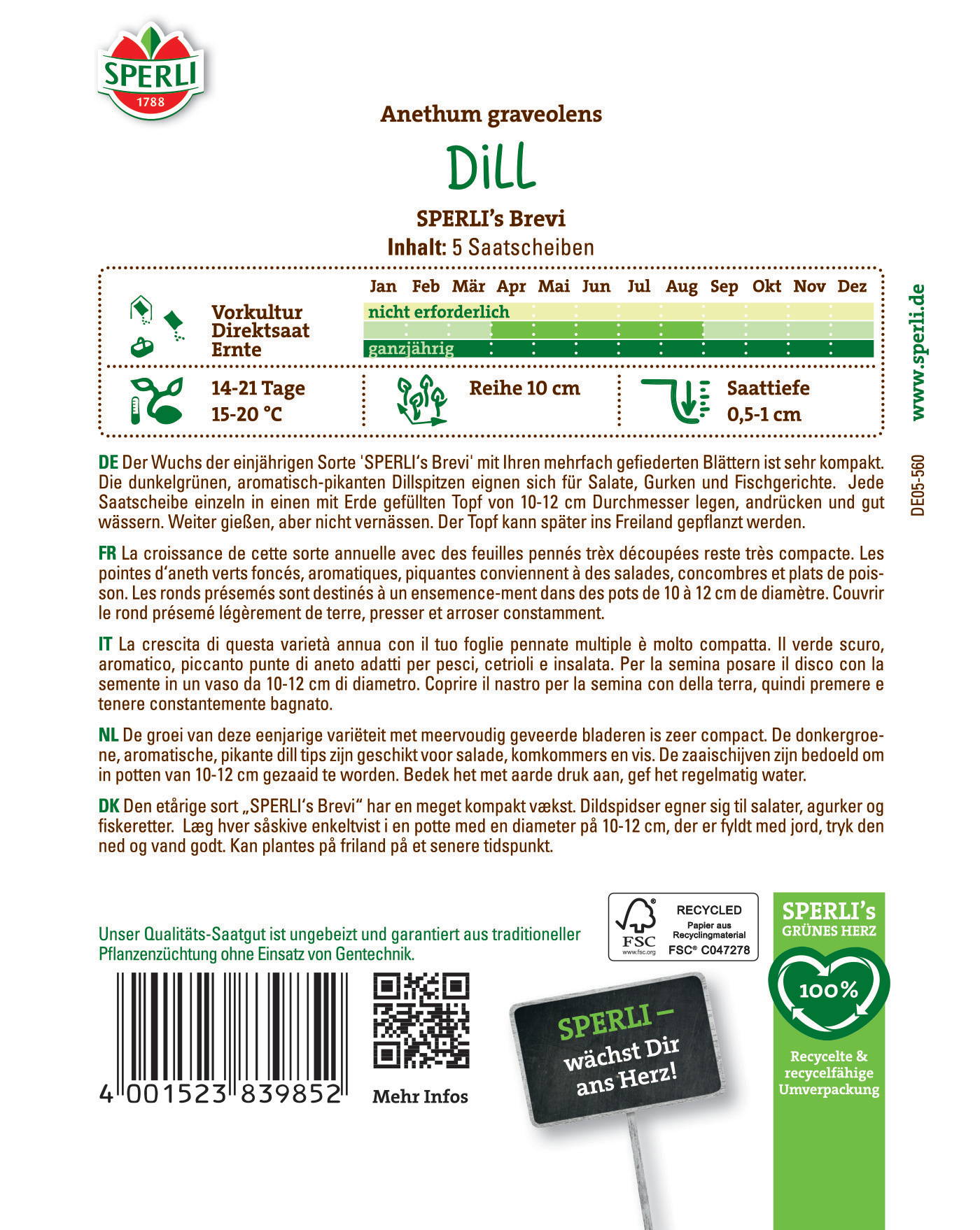 Packungsrückseite mit Logo, Pflanzanleitung, Barcode, QR-Code und grüner Verpackungsinfo auf weißem Hintergrund.