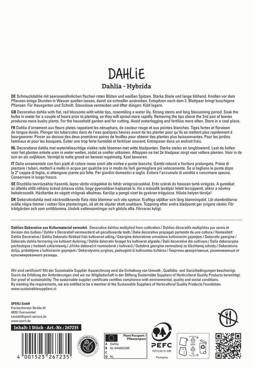 Beschreibungstext: Diagramm mit verschiedenen Sprachen, Informationen zu einer Dahlie Pflanze, Herstellerangaben, Zertifizierungen und Text.