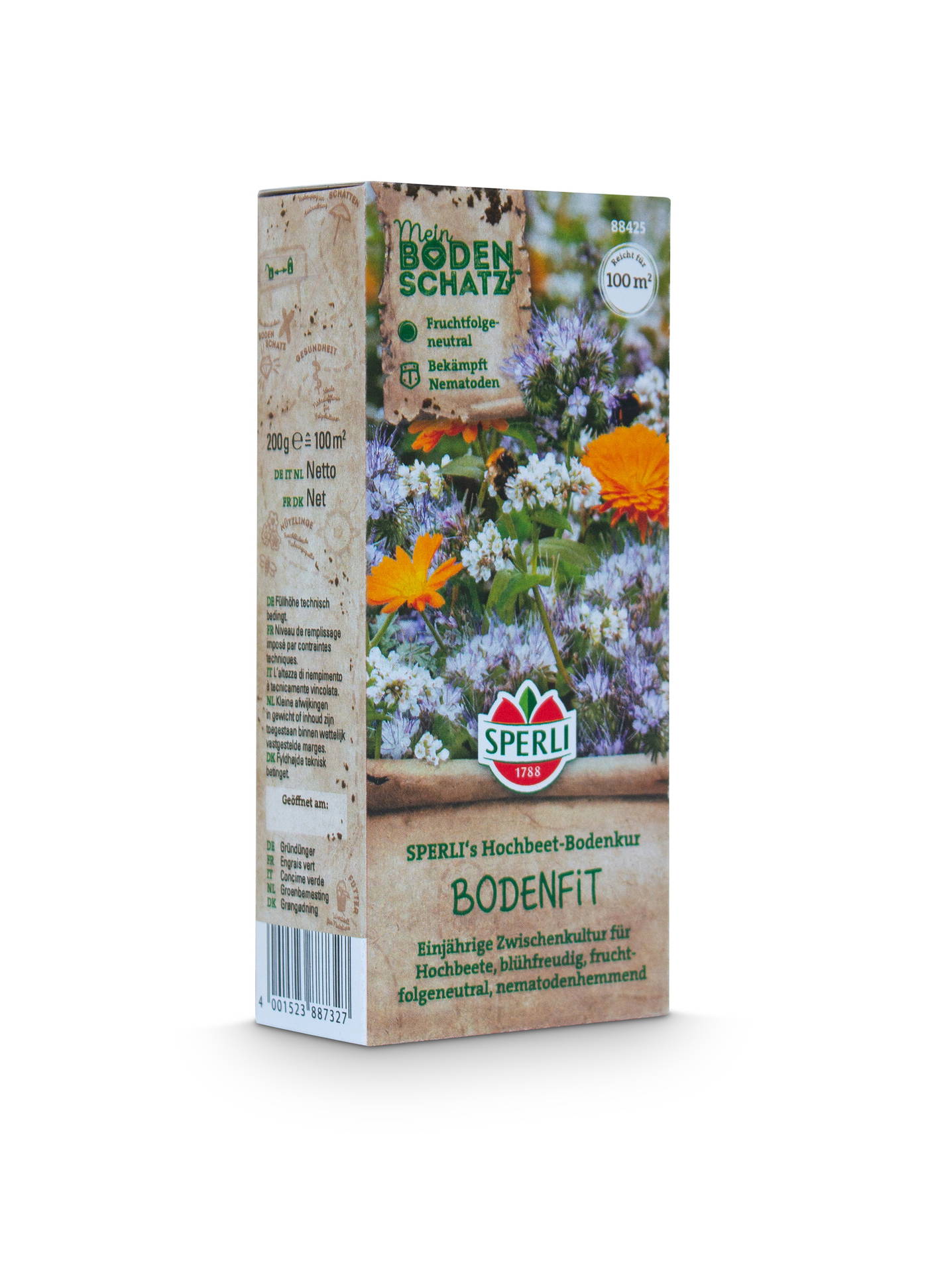 Blumenstreudose mit bunten Blumen und grünen Blättern, Verpackung mit Texten und einem Barcode.