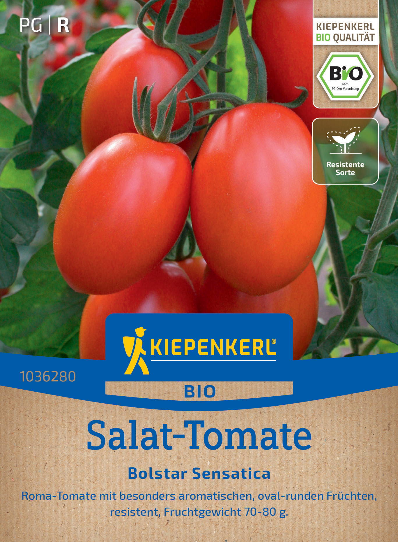 Rote, ovale Salat-Tomaten an Pflanzen mit grünen Blättern, auf Verpackung mit Kiepenkerl Bio Label und Produktbeschreibung.