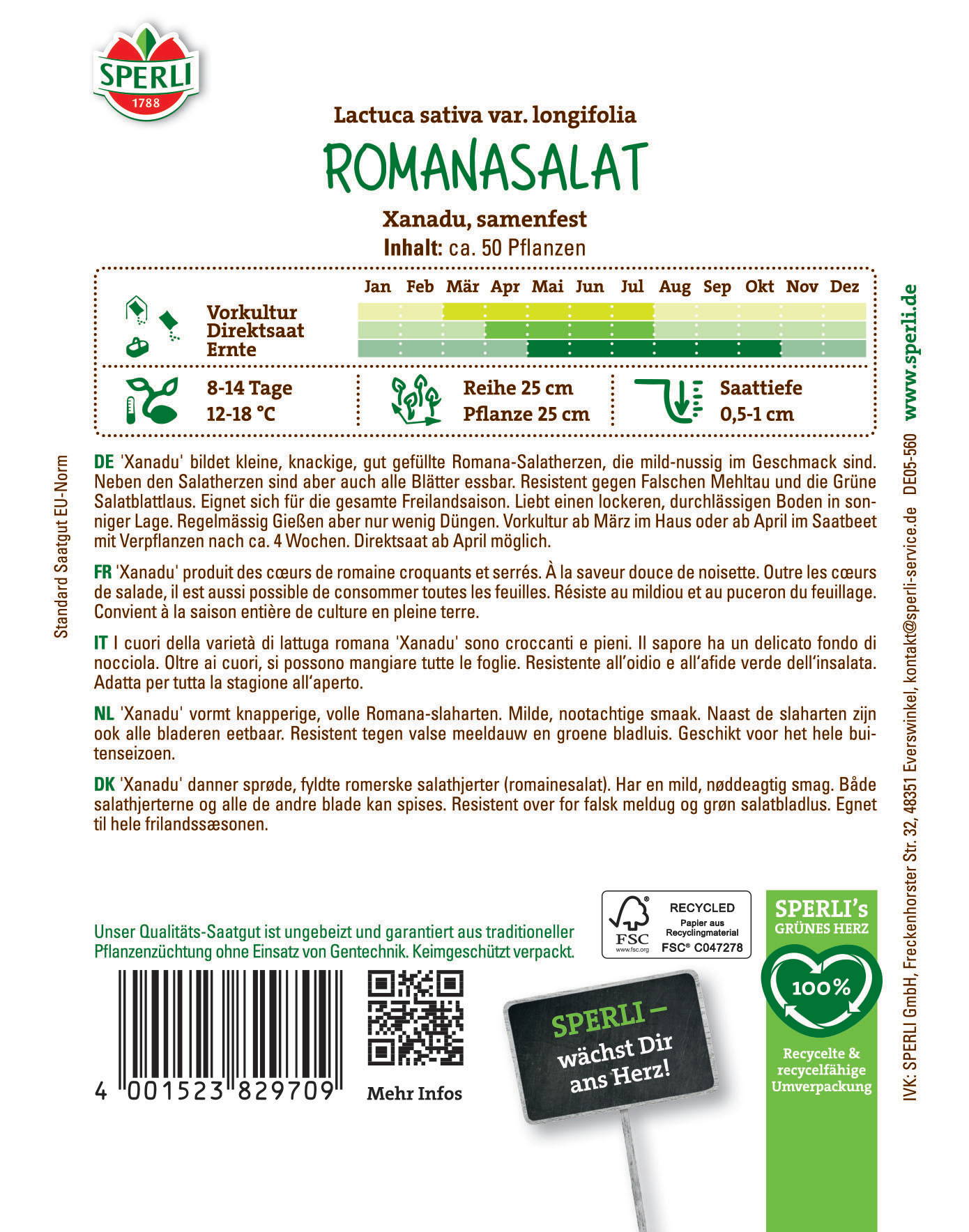 Packungsrückseite mit Angaben zu Anbau, Ernte, Pflanzinformationen und Beschreibung der Romana-Salatsorte 'Xanadu' in mehreren Sprachen.