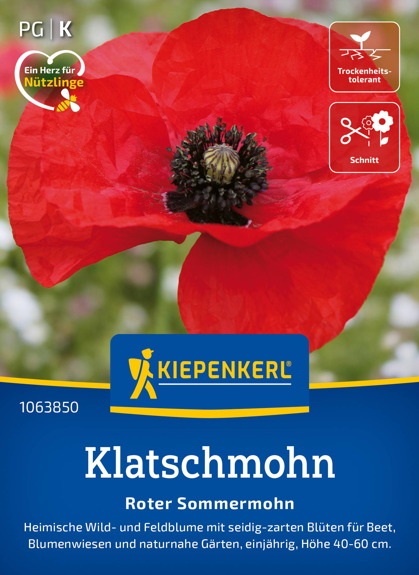 Roter Sommermohn mit schwarzen Staubblättern auf einer Blumenpackung, inklusive pflanzenbezogener Symbole.